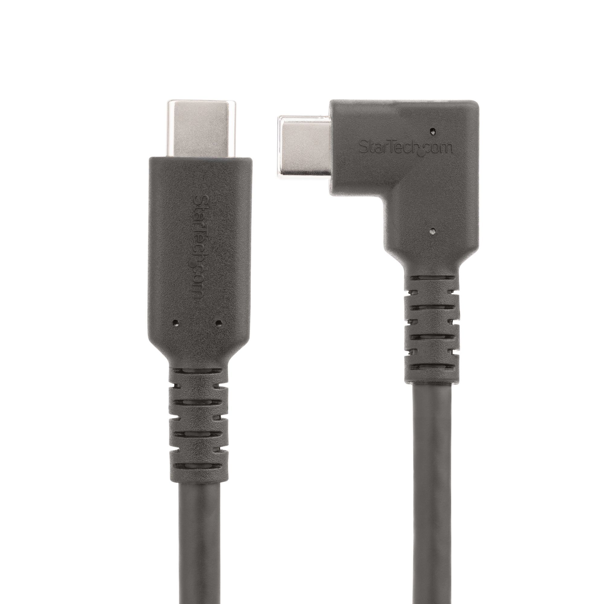 USB-C-Kabel mit abgewinkeltem und geradem Stecker. Weißer Hintergrund.