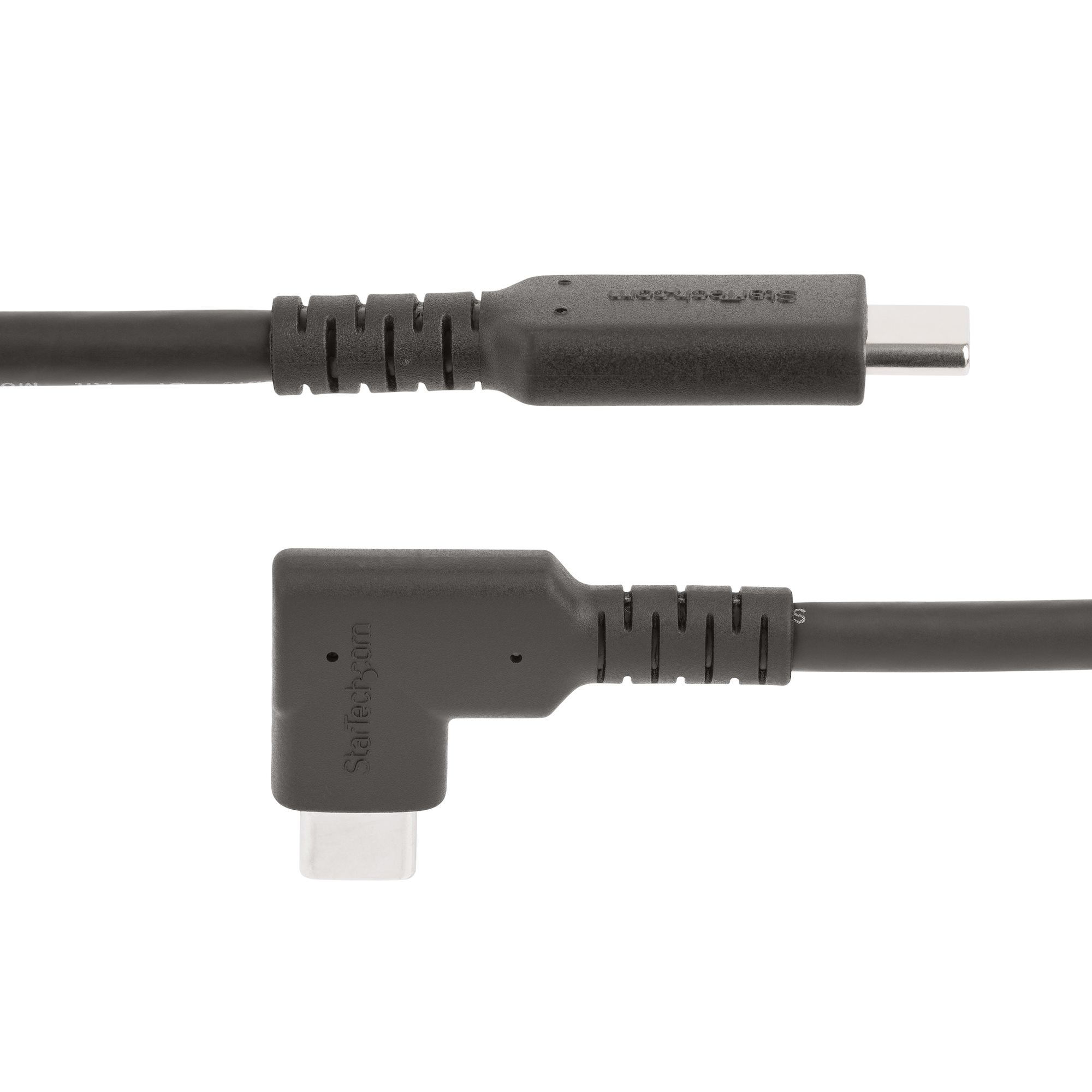 Zwei USB-C-Kabel, eines gerade und eines mit einem Winkelstecker, beide schwarz.