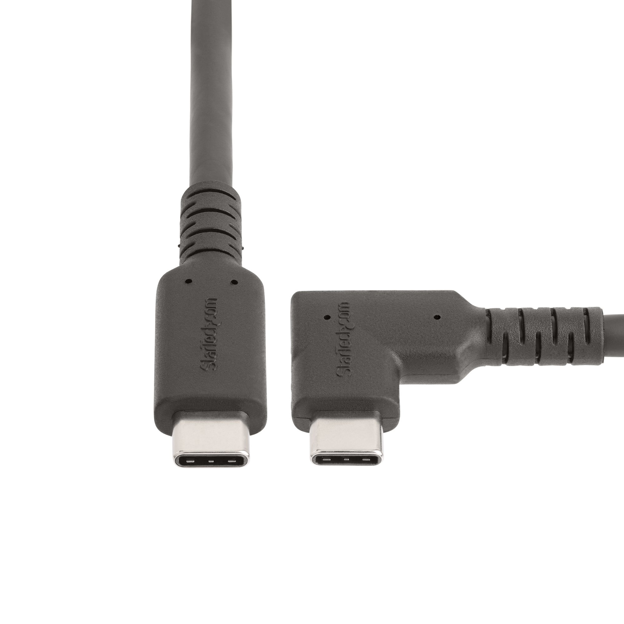 Zwei USB-C-Kabel, eines mit gewinkeltem Stecker, beide schwarz vor weißem Hintergrund.