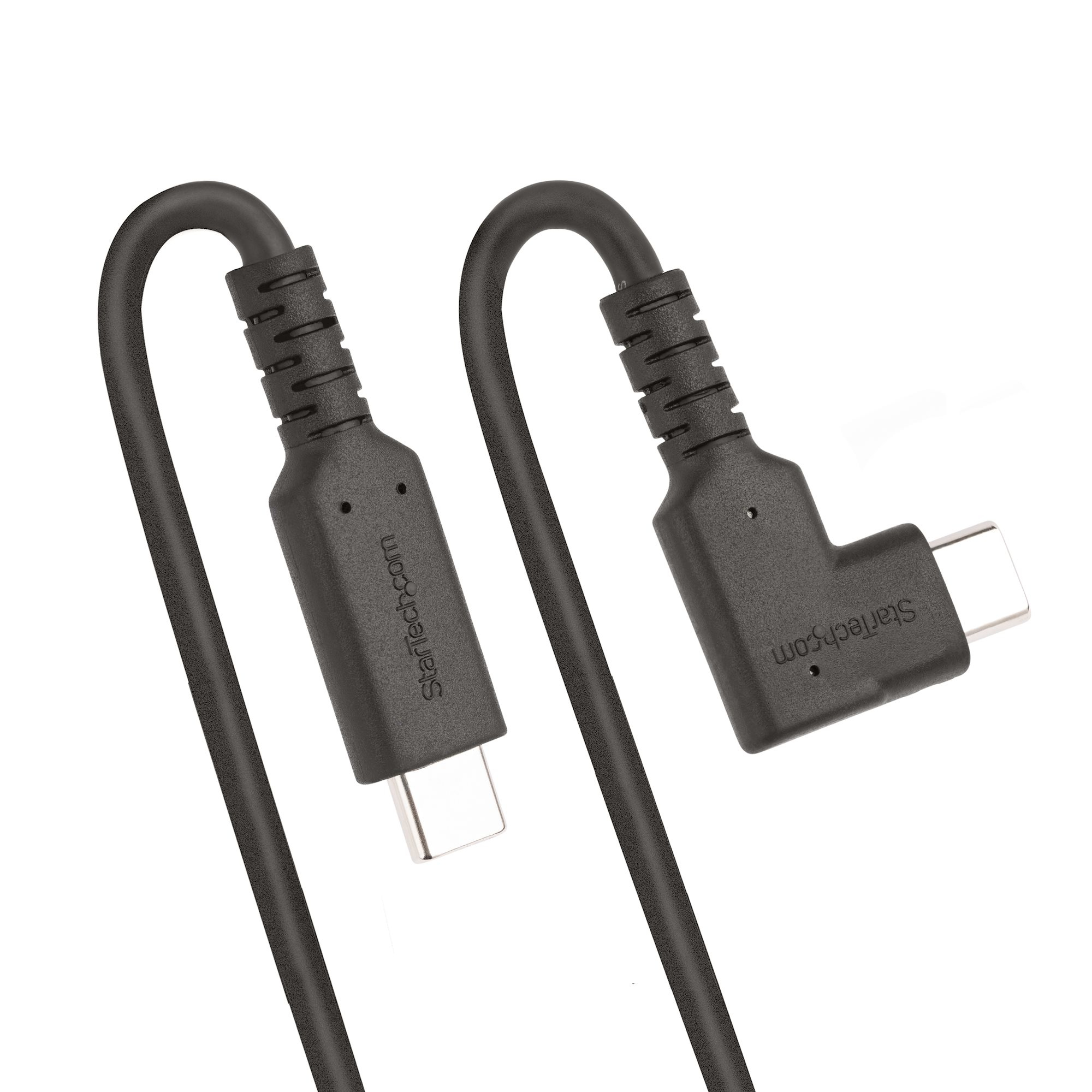 Schwarzes USB-C-Kabel mit zwei Steckern. Weißer Hintergrund.