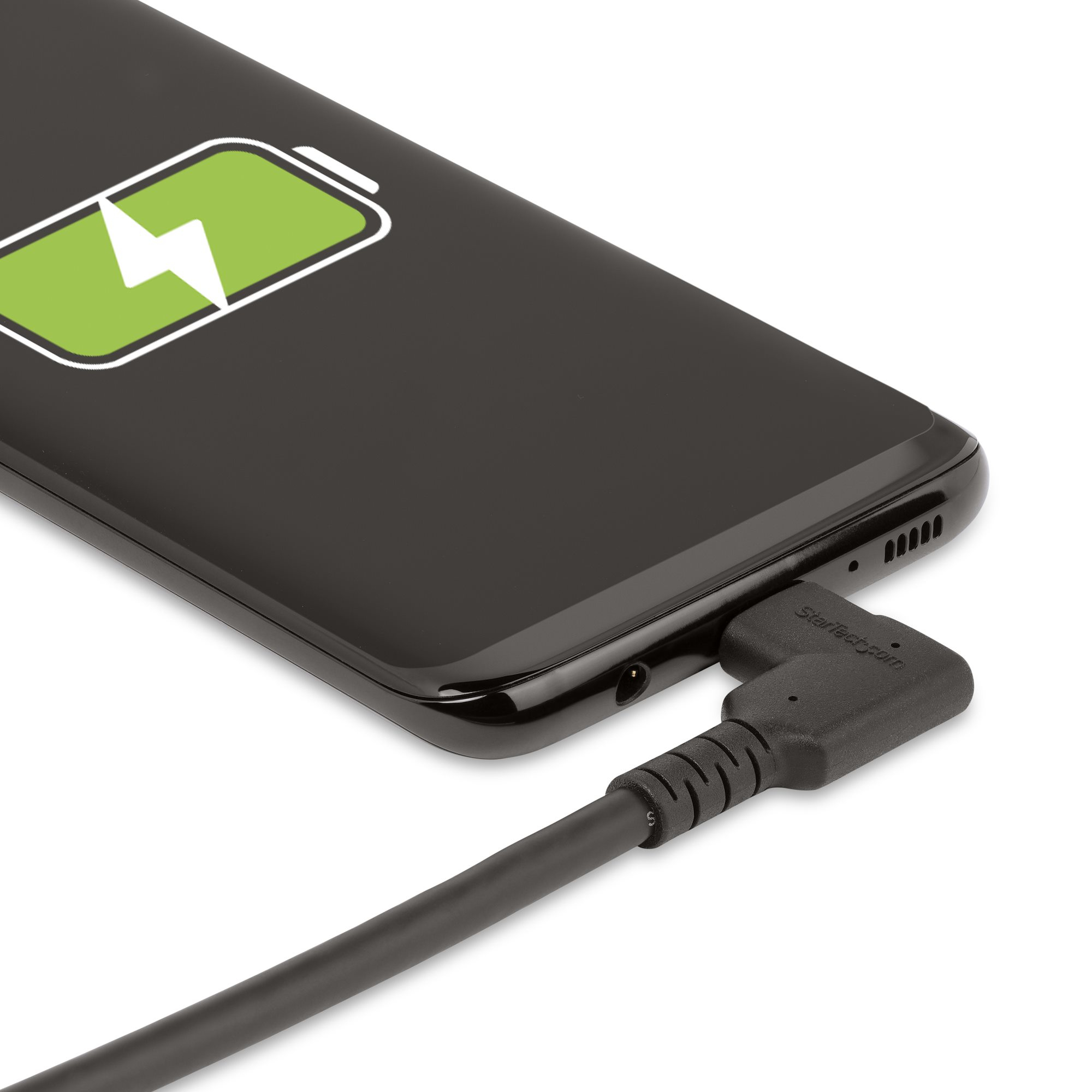 Schwarzes Telefon wird geladen, mit Ladeanzeige.
