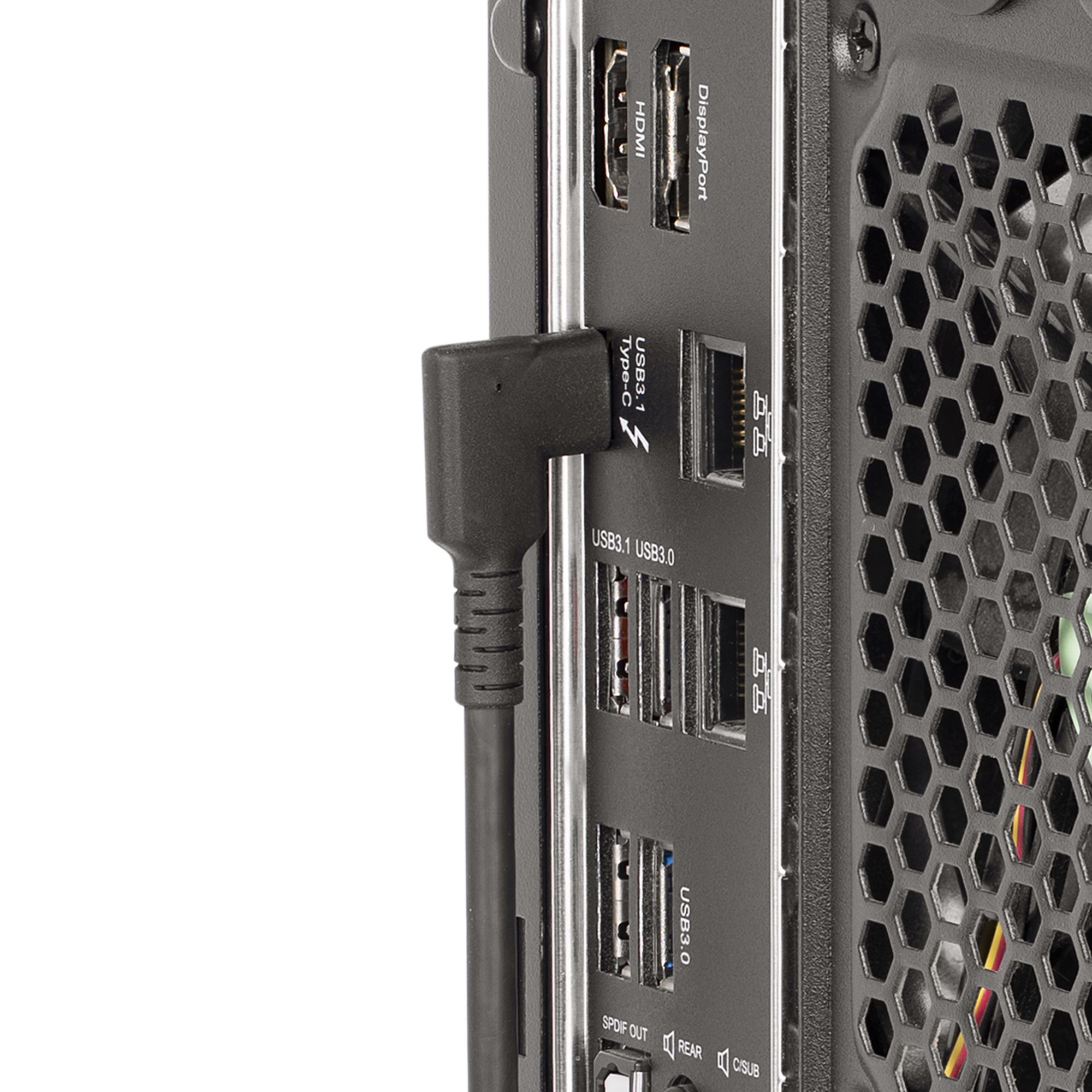 Nahaufnahme eines schwarzen Computers mit Anschlüssen, einschließlich HDMI und USB 3.1 Typ-C, und einem angeschlossenen Kabel.