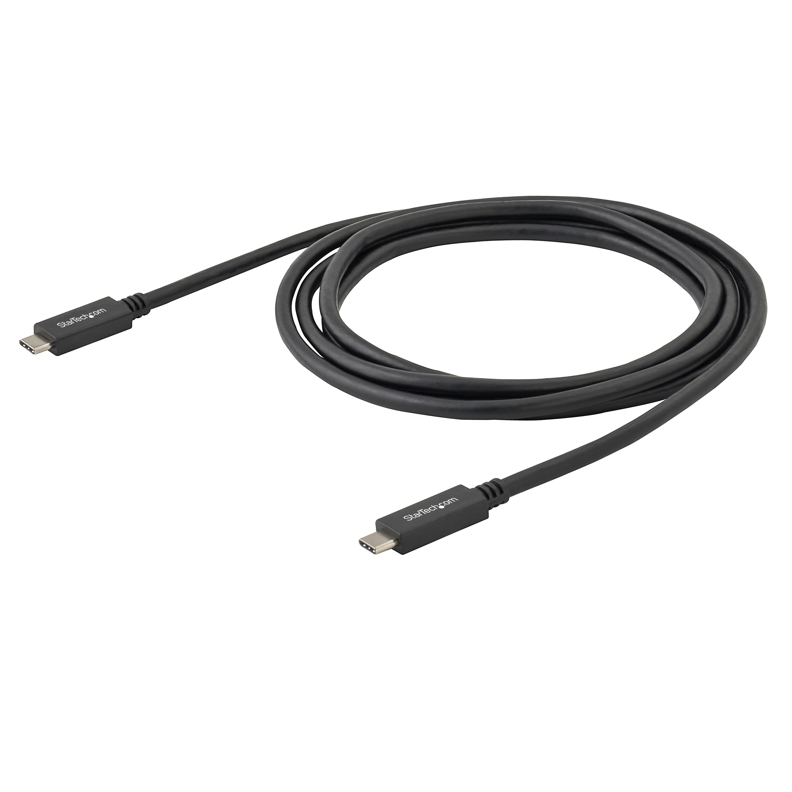 Cable USB-C negro con marca StarTech.com, enrollado sobre fondo blanco.