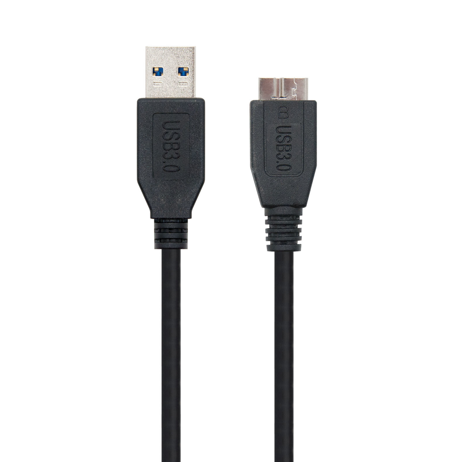 Due cavi USB 3.0 neri affiancati su sfondo bianco.