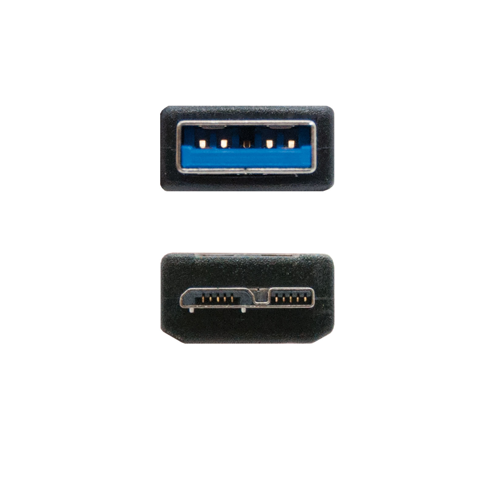 Due viste di un connettore USB nero. La vista superiore mostra i pin, quella inferiore i contatti.