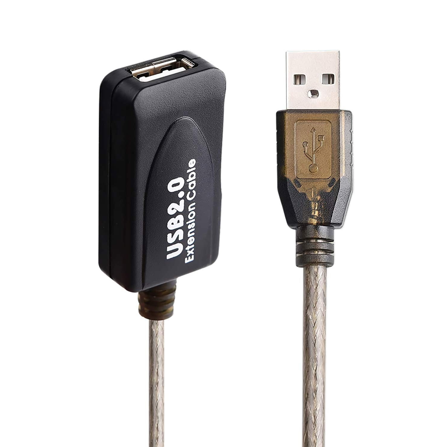 Zwarte USB 2.0 verlengkabel met mannelijke en vrouwelijke connectoren.