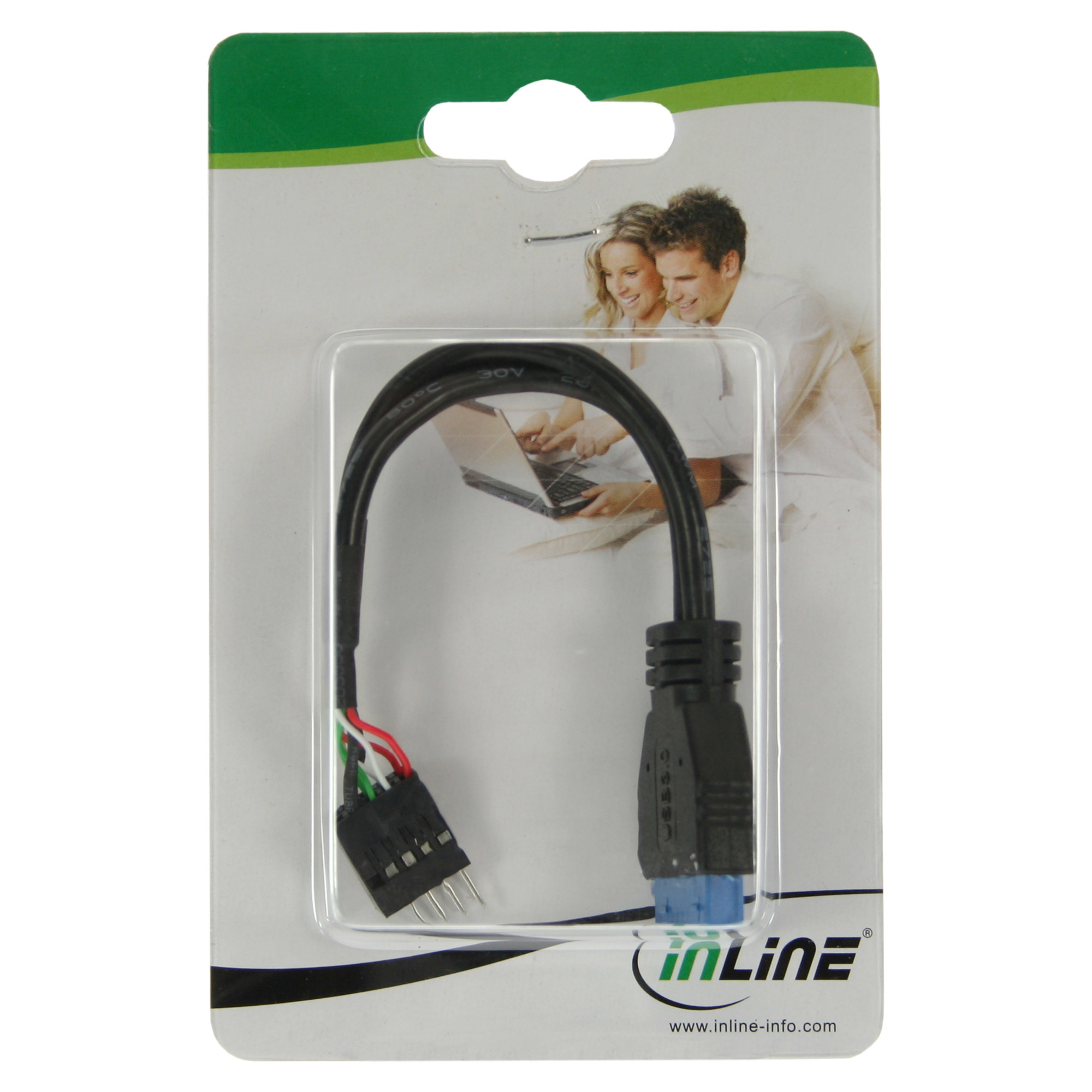 Cavo USB in confezione di plastica. Una coppia sullo sfondo. Il cavo ha un connettore e dei pin.