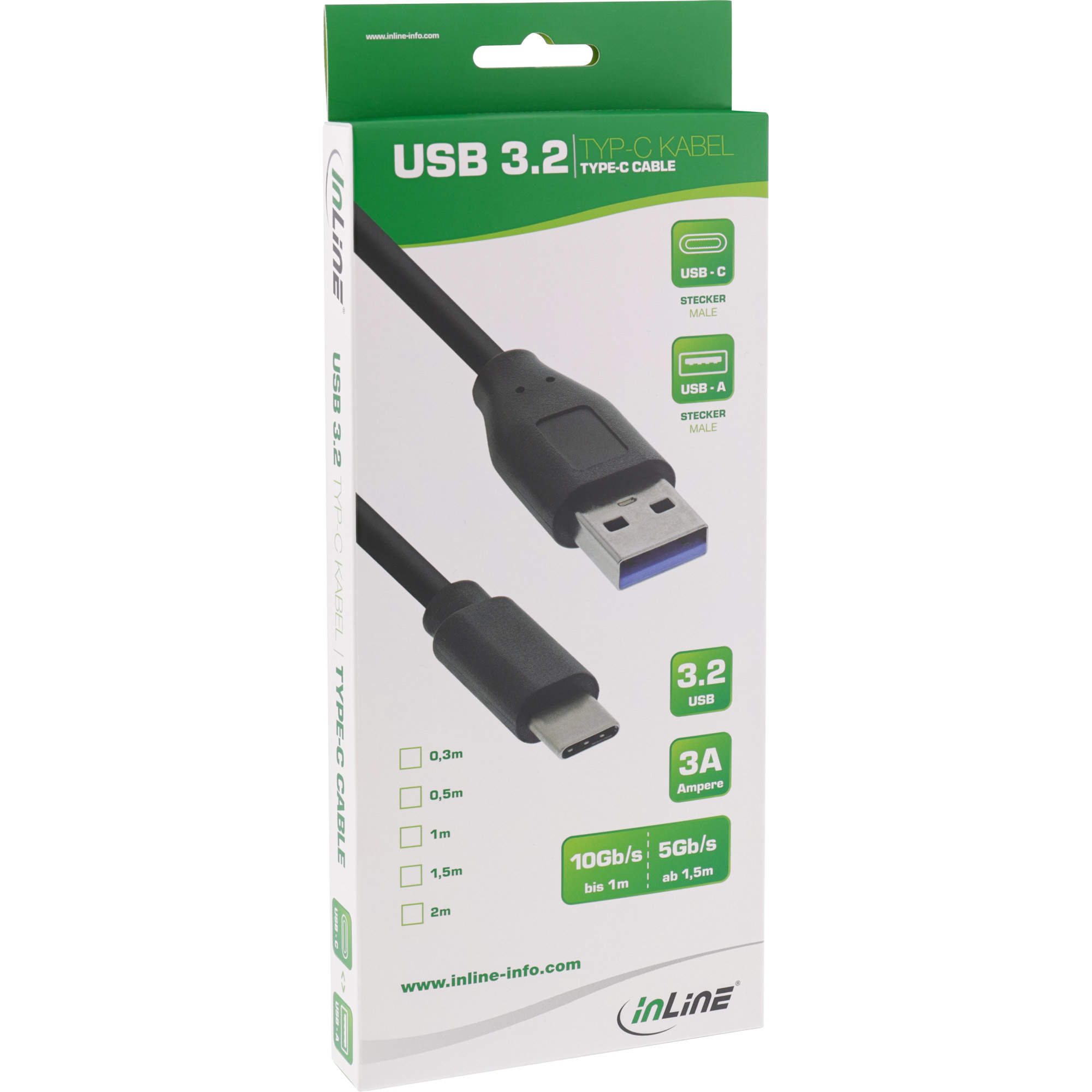 Un câble USB 3.2 Type-C dans une boîte verte et blanche. La boîte montre le câble et les connecteurs USB-C et USB-A.