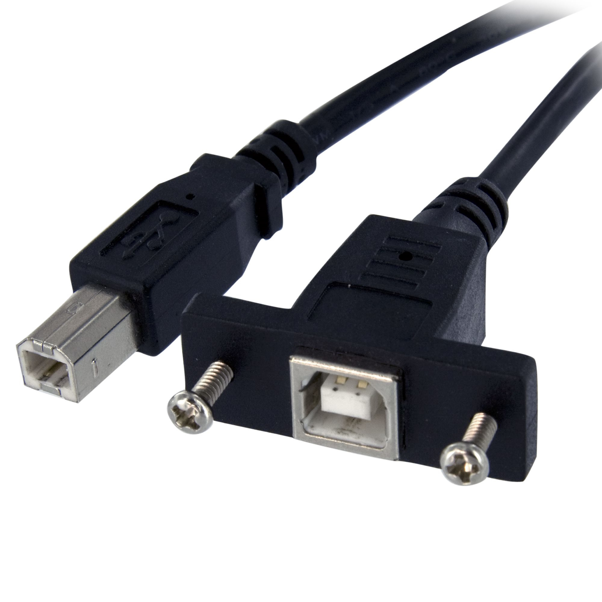Cavo USB nero con due connettori, isolato su bianco, con USB-B e porta USB.