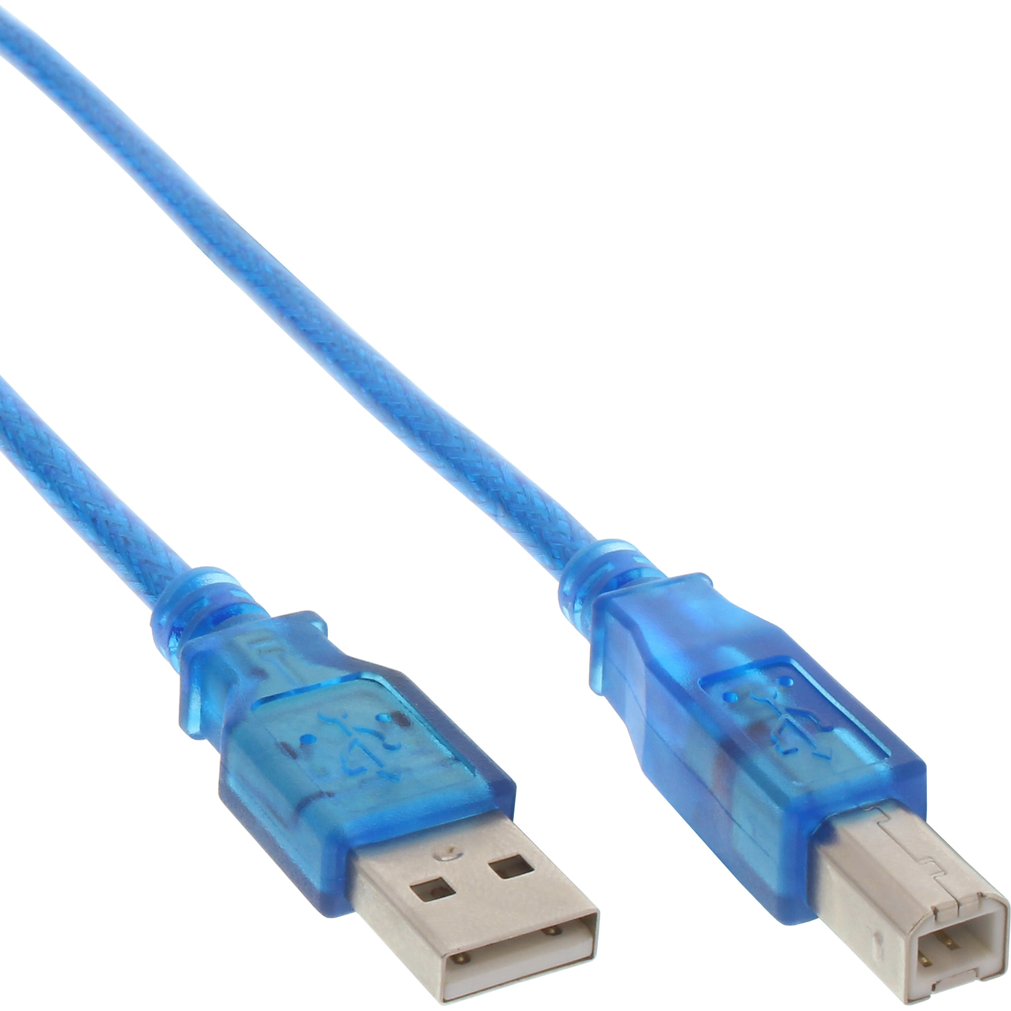 Cavo USB blu con connettori USB-A e USB-B su sfondo bianco.