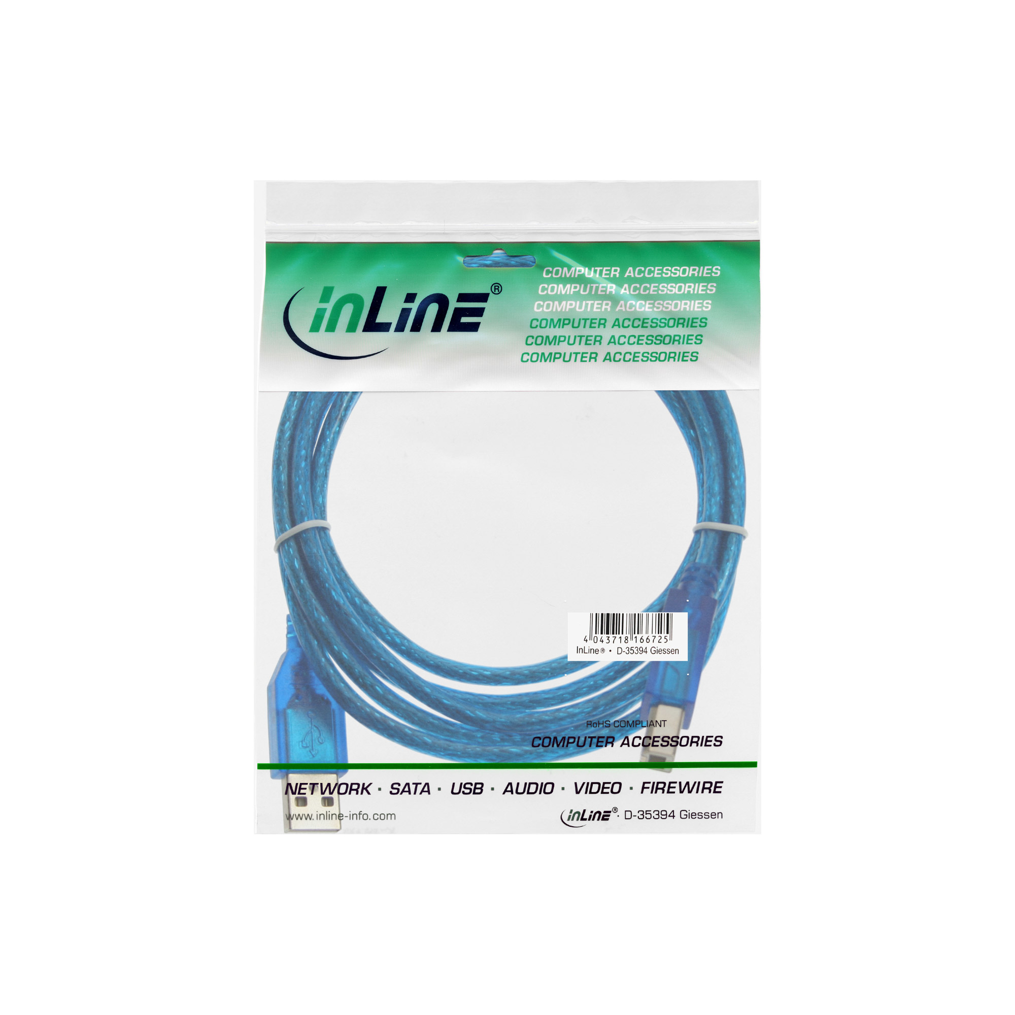 Un cavo USB blu in una confezione di plastica trasparente con testo, incluso il marchio 'inLine'.