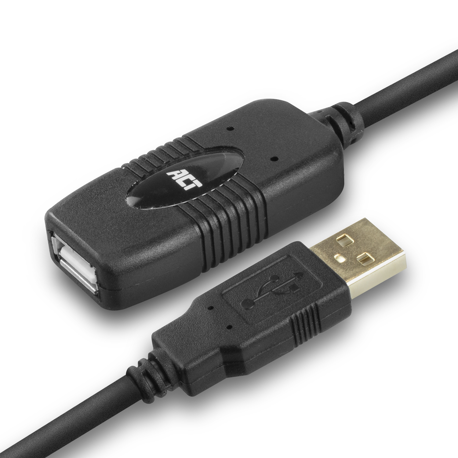 Zwarte USB-verlengkabel met een mannelijke en vrouwelijke connector.