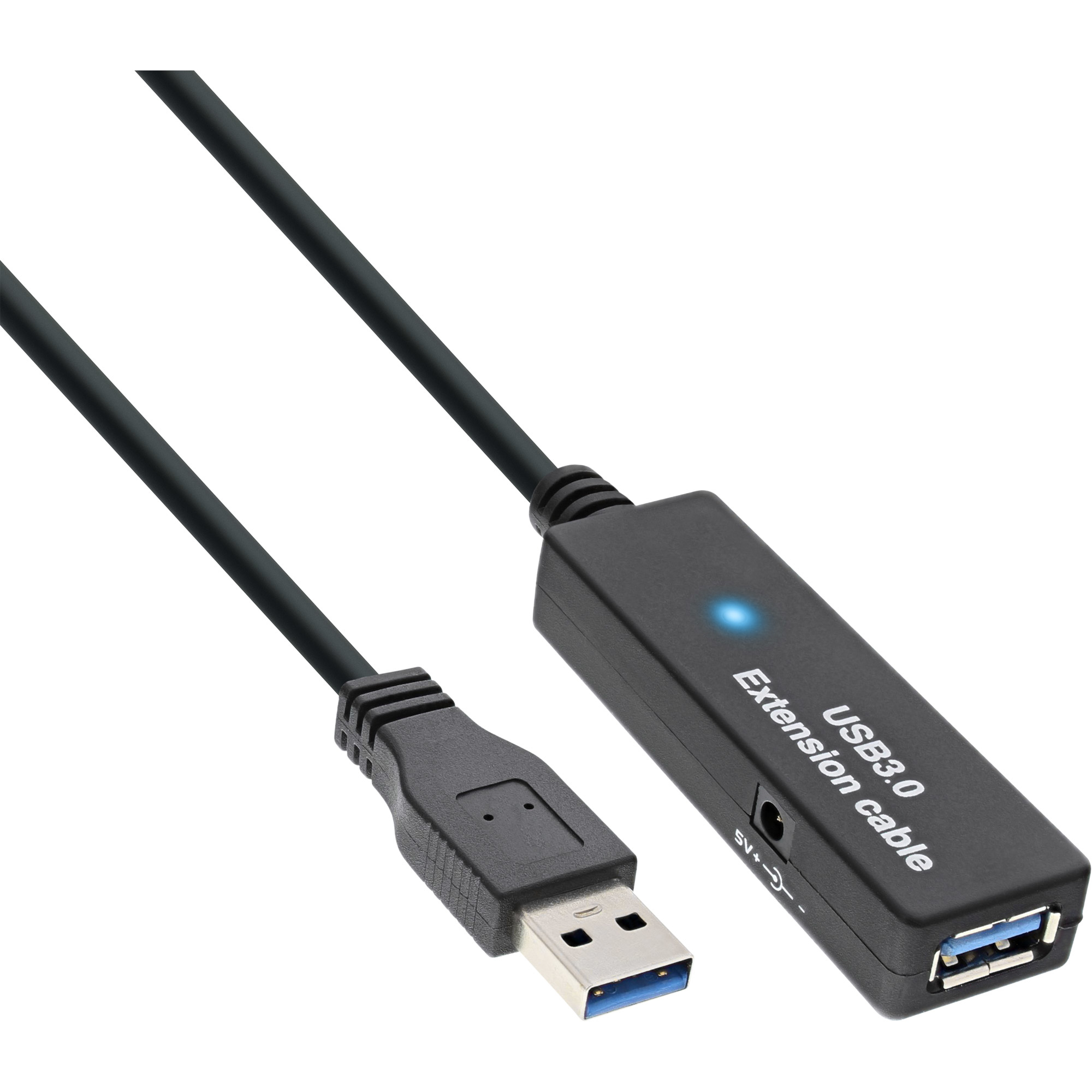 Cavo di prolunga USB nero con connettore USB e porta USB. Sfondo bianco.