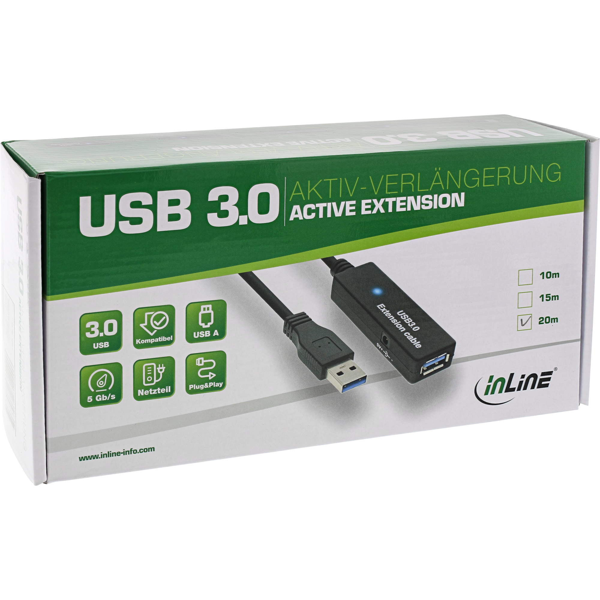 Scatola del cavo di estensione attivo USB 3.0 con cavo e icone, sfondo bianco.