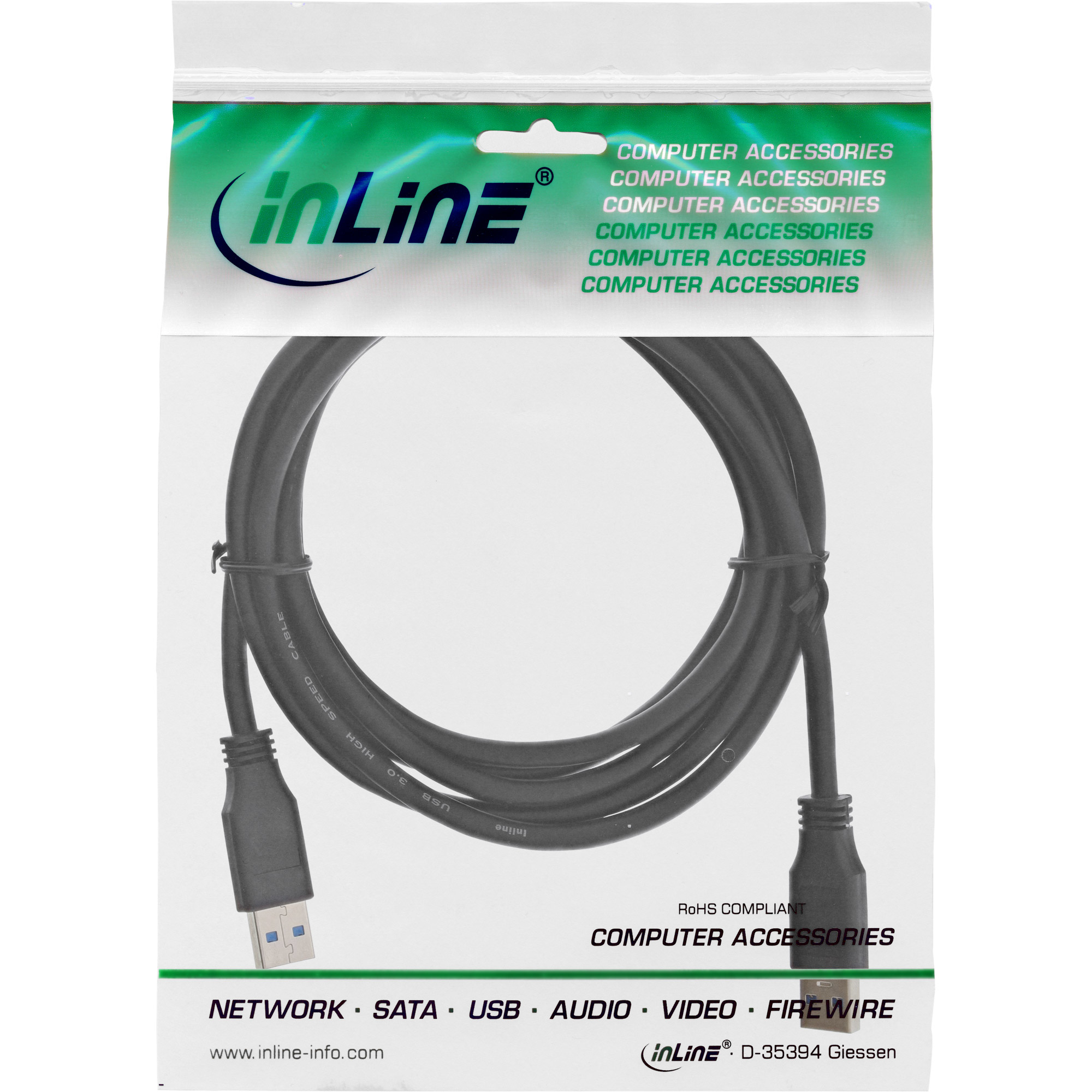Een zwarte USB-kabel in een transparante verpakking, met tekst. Het heeft USB-connectoren.