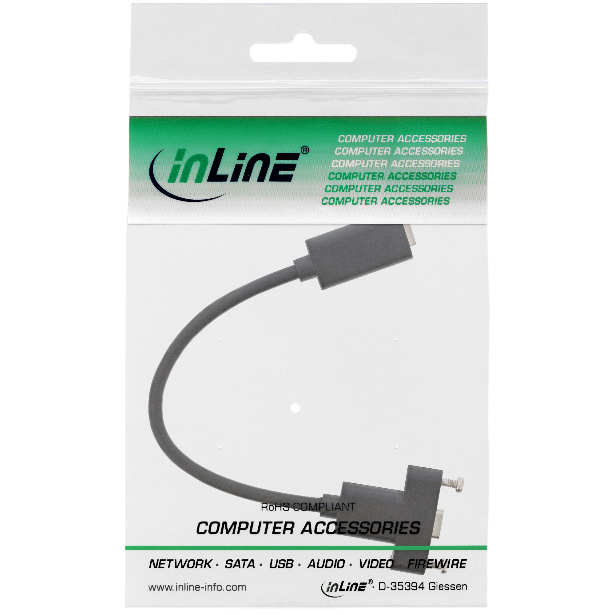 Een zwarte USB naar micro-USB-kabel in een doorzichtige plastic verpakking. De verpakking heeft een groen en wit etiket.