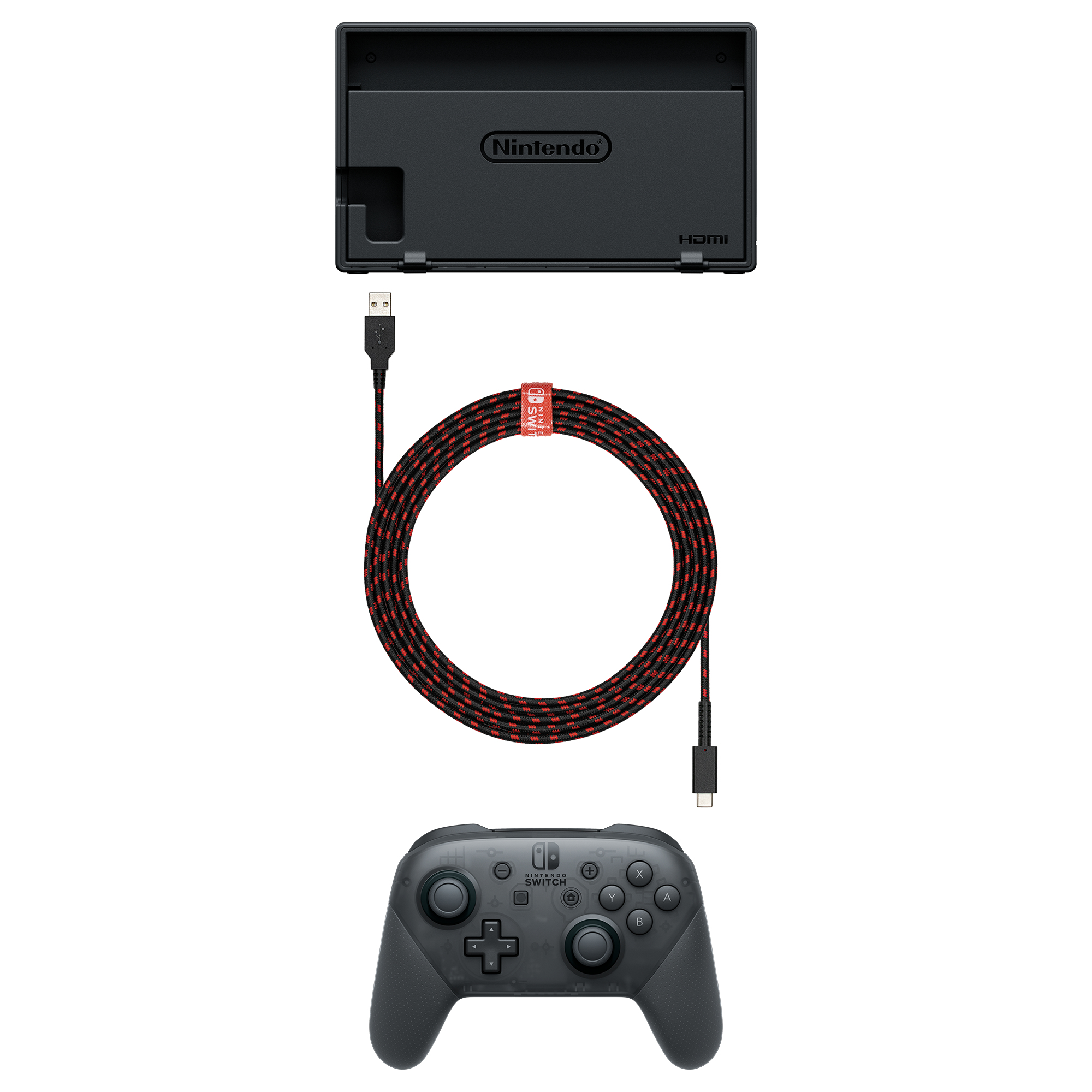 Nintendo Switch, controller e cavo.