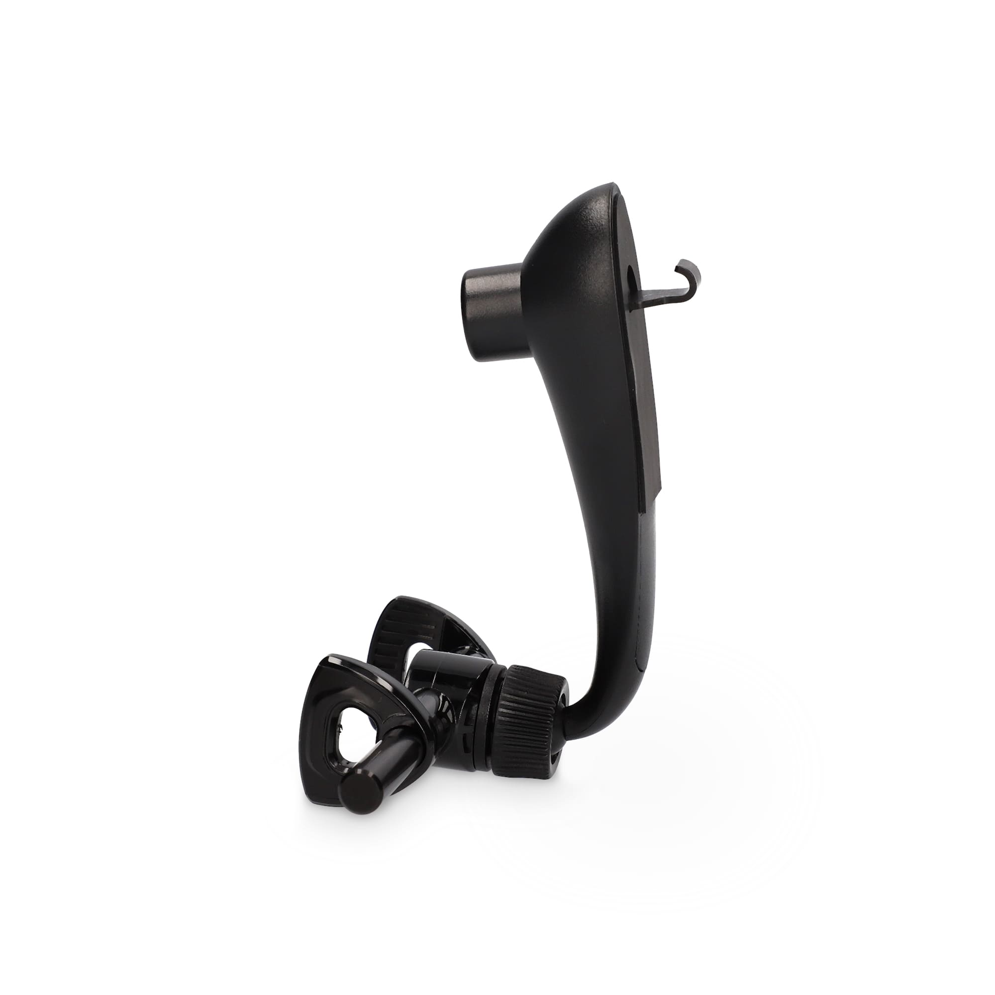 Un soporte negro para teléfono de coche con múltiples articulaciones en una superficie blanca.