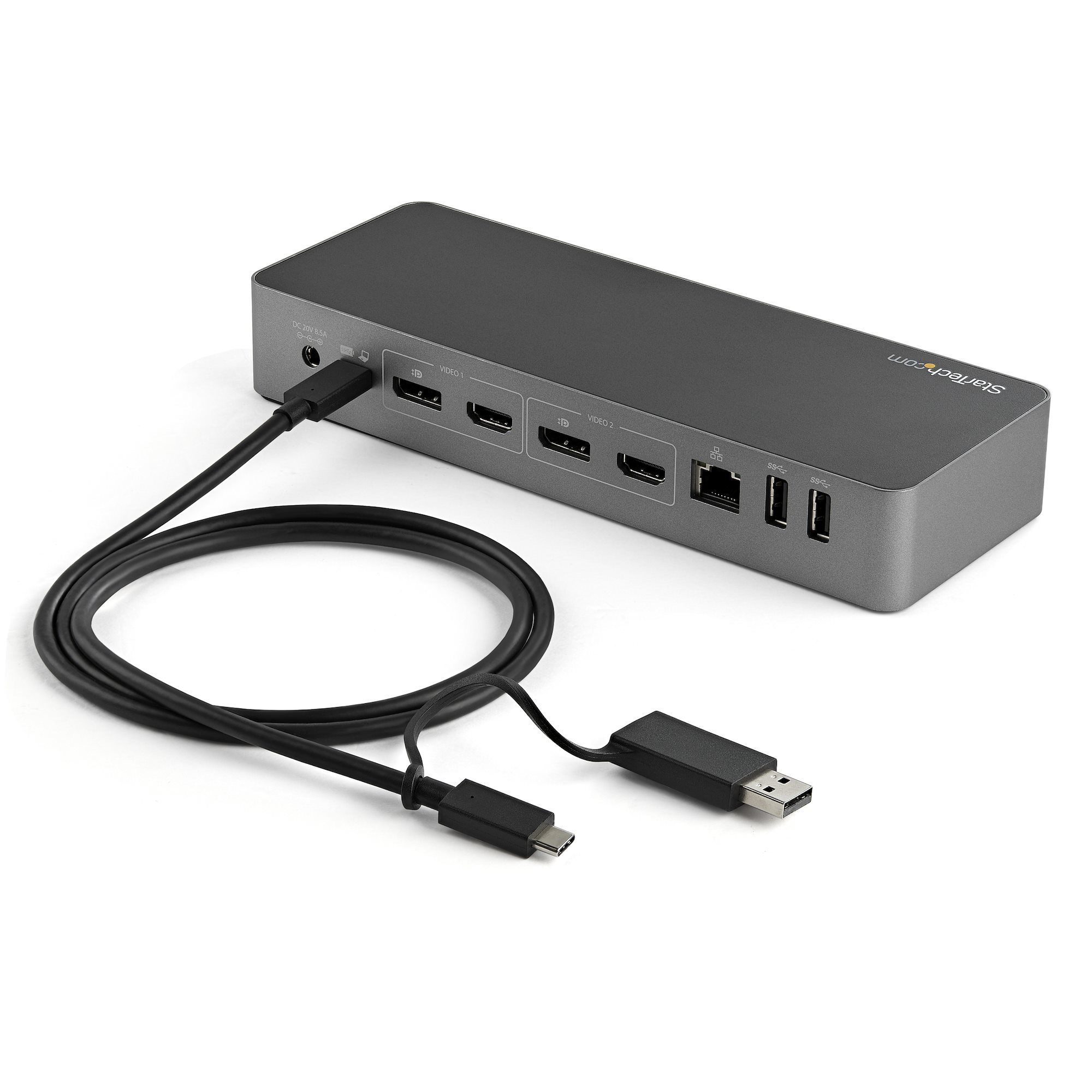 Una docking station grigia con diverse porte, collegata a un cavo nero con connettore USB-C.