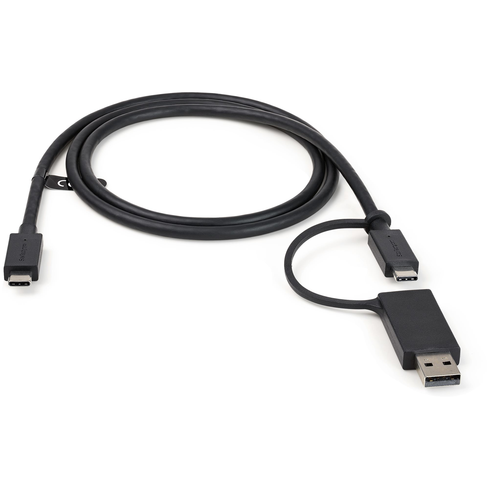 Un cavo USB nero con due connettori USB-C e un connettore ad anello.