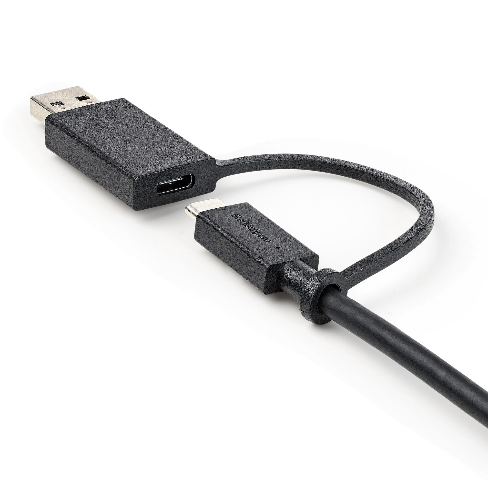 Un cavo USB-C a USB-A nero con due connettori.