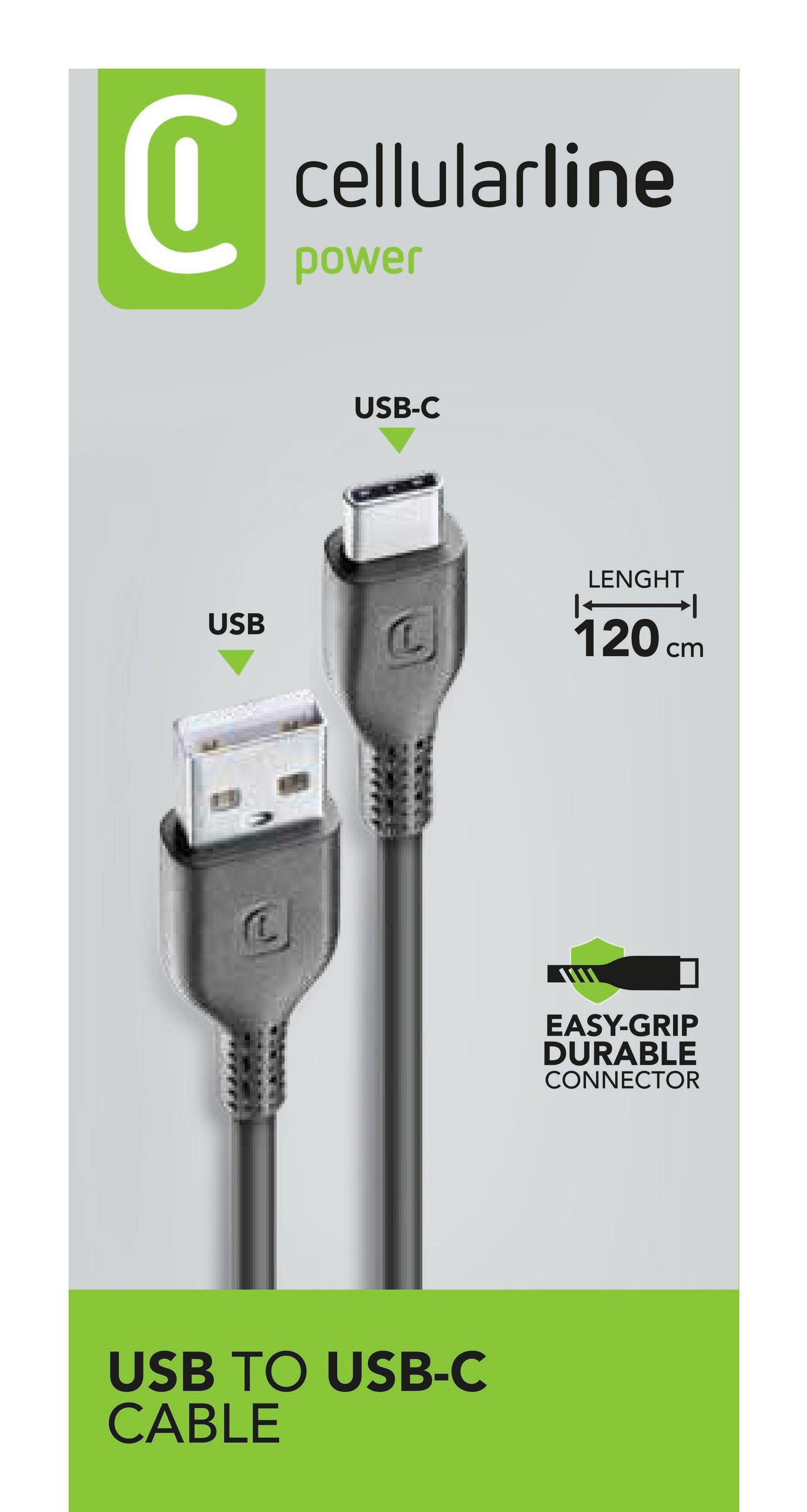 Cavo da USB a USB-C con involucro nero, con il nome del marchio sulla confezione.