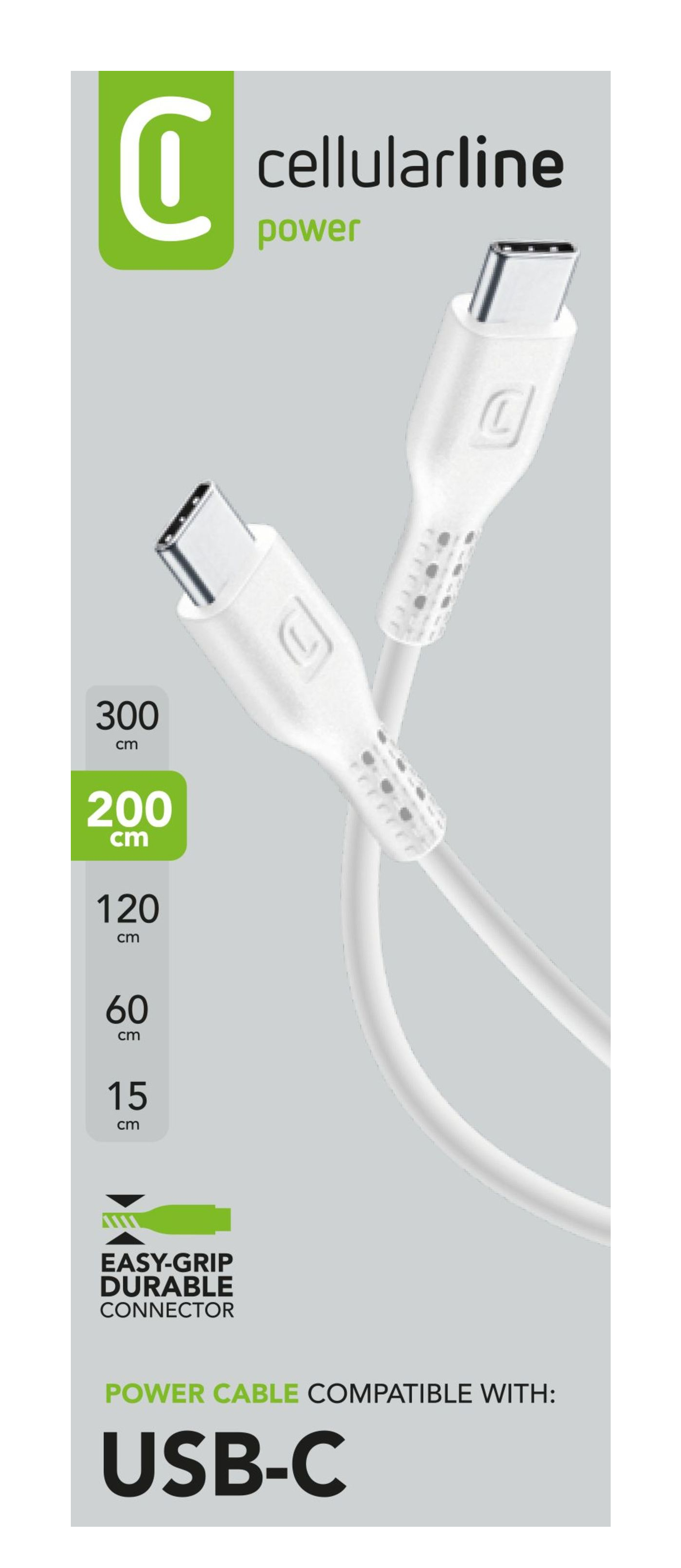 Cavo di ricarica USB-C bianco su sfondo bianco. Testo sulla confezione.