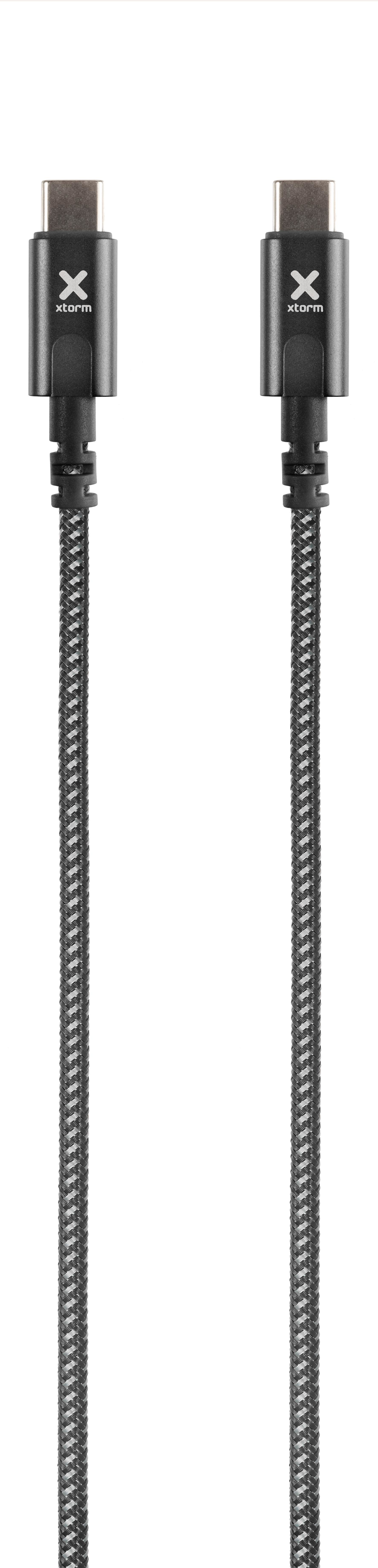 Due cavi di ricarica USB-C, nero e grigio, vista verticale.