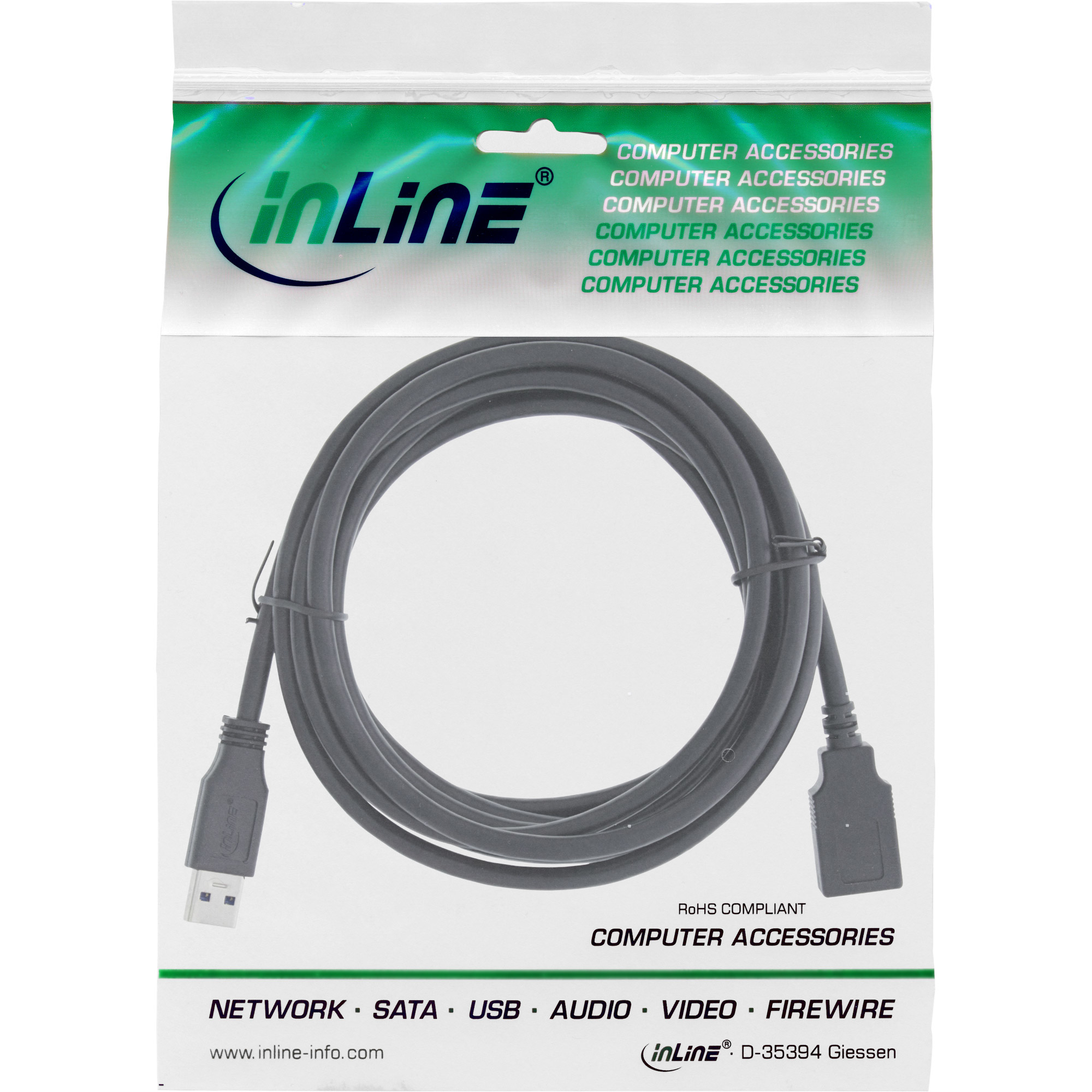 Un cavo USB nero in una confezione di plastica trasparente, con il logo inLine.
