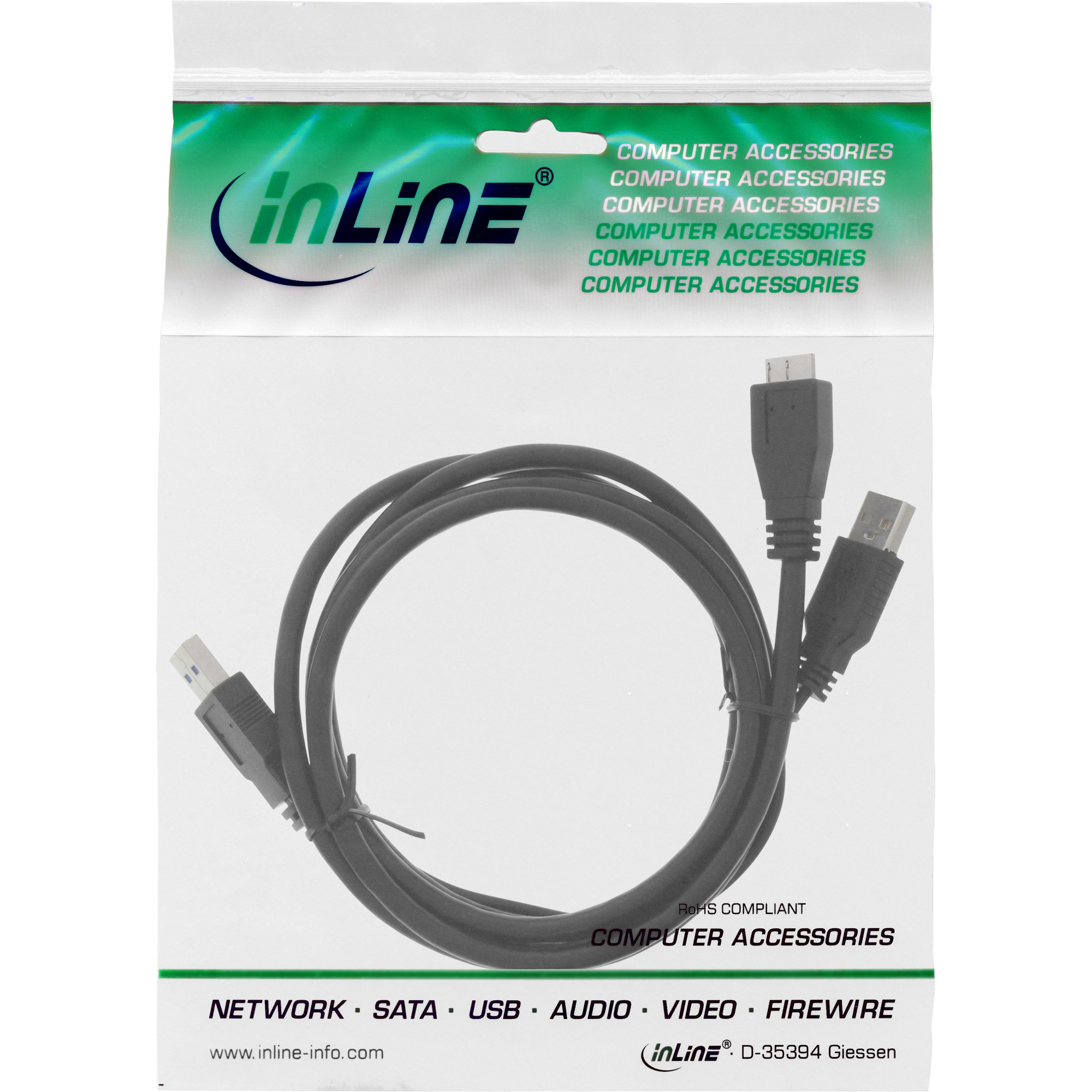 USB-kabel in een plastic zak met de tekst "COMPUTER ACCESSORIES" erop gedrukt.