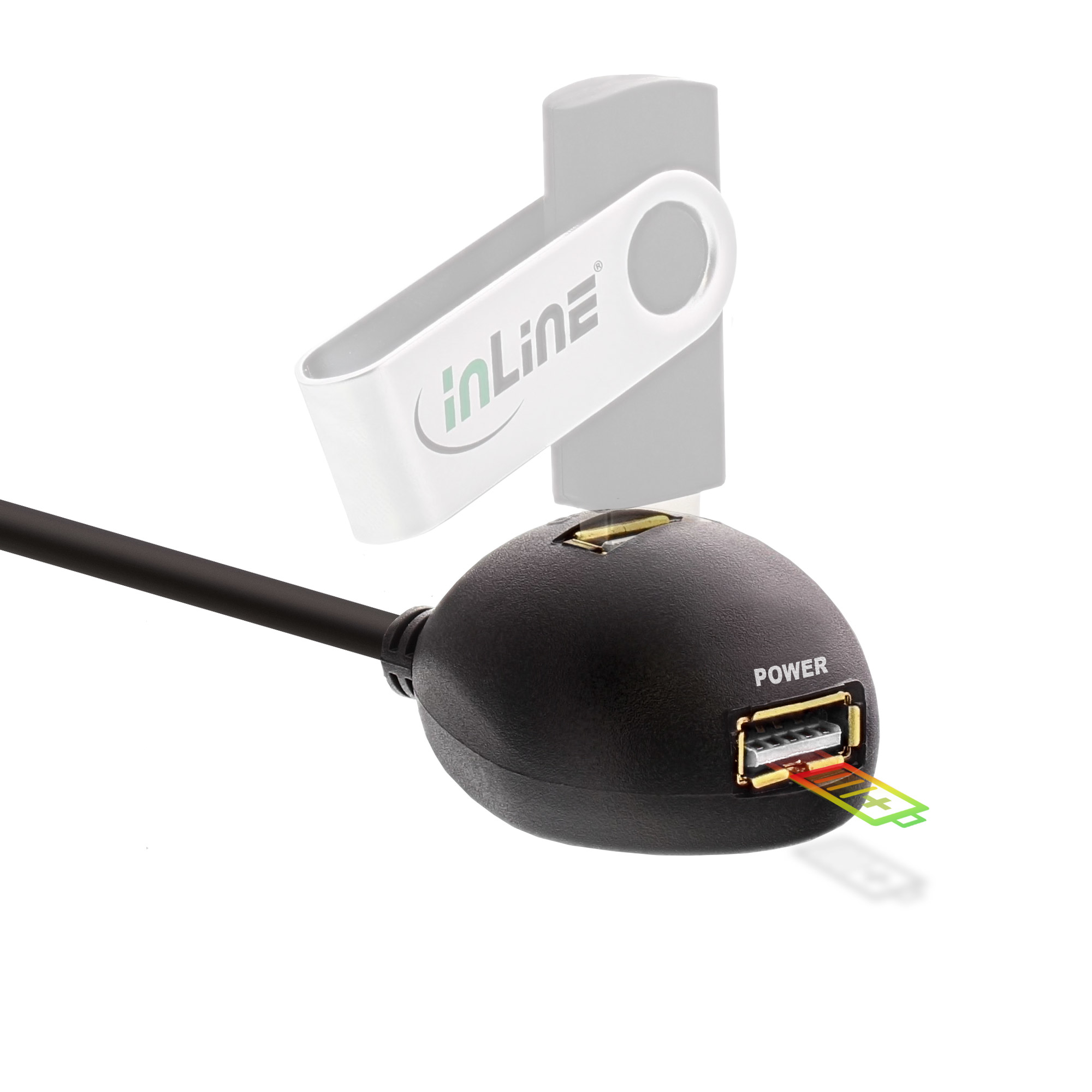 Un hub USB noir avec une clé USB, montrant les ports USB avec des indicateurs d'alimentation, fond blanc.
