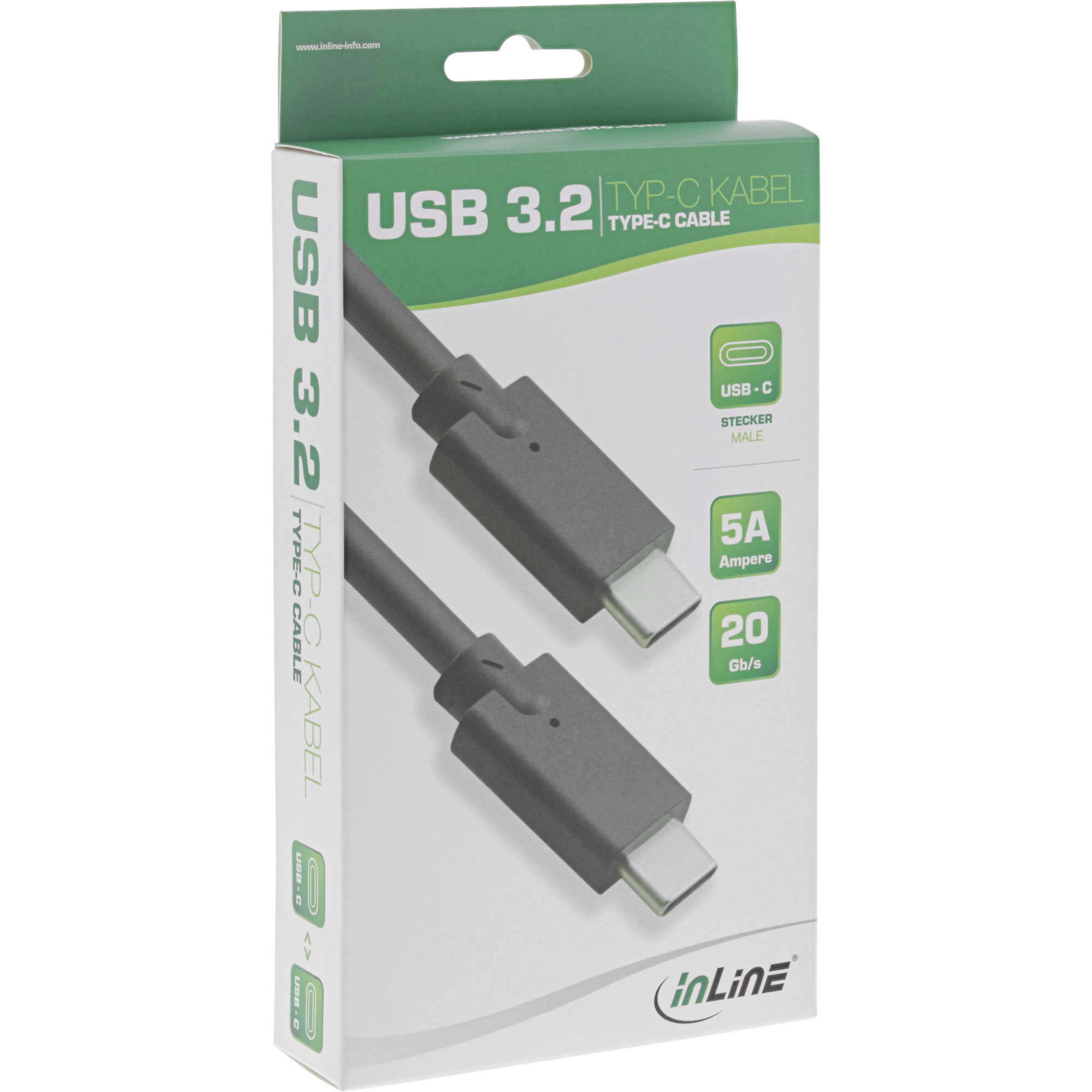 Câble USB 3.2 Type-C dans sa boîte. La boîte montre un câble gris et a des détails techniques.