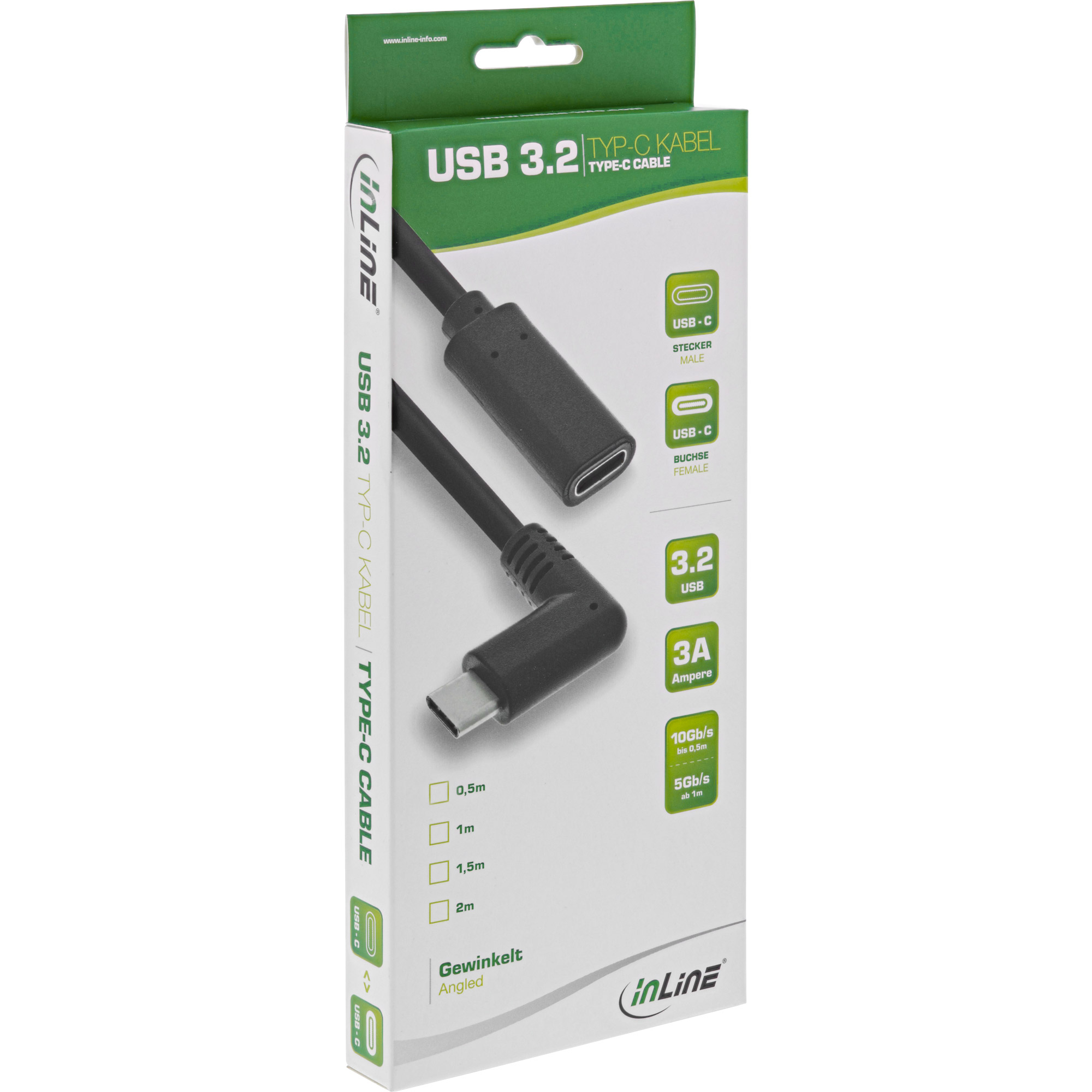 Cavo USB 3.2 Type-C in una scatola, connettore angolato, con informazioni sulla confezione.