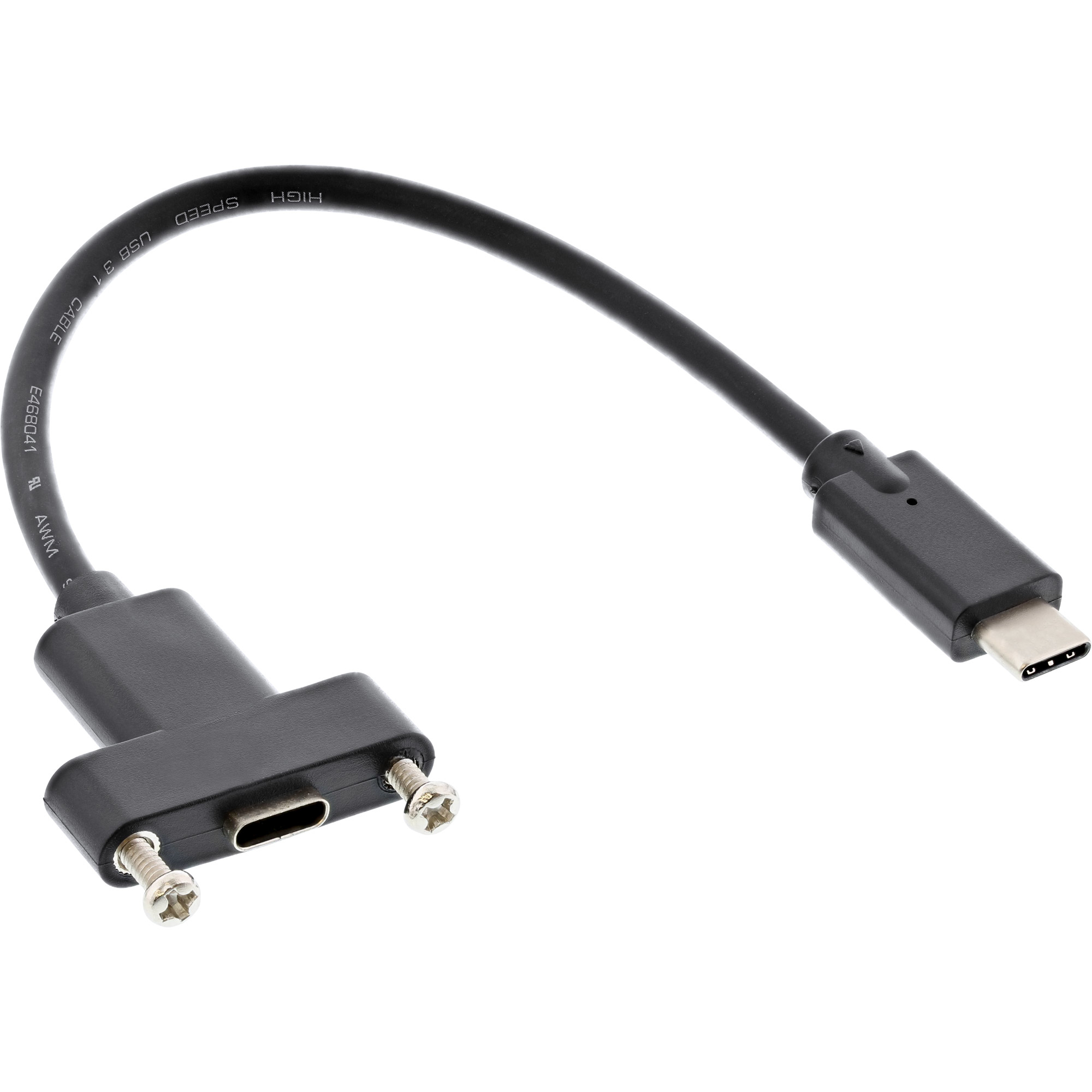 Câble USB 3.1 noir avec connecteur USB-C, sur fond blanc.