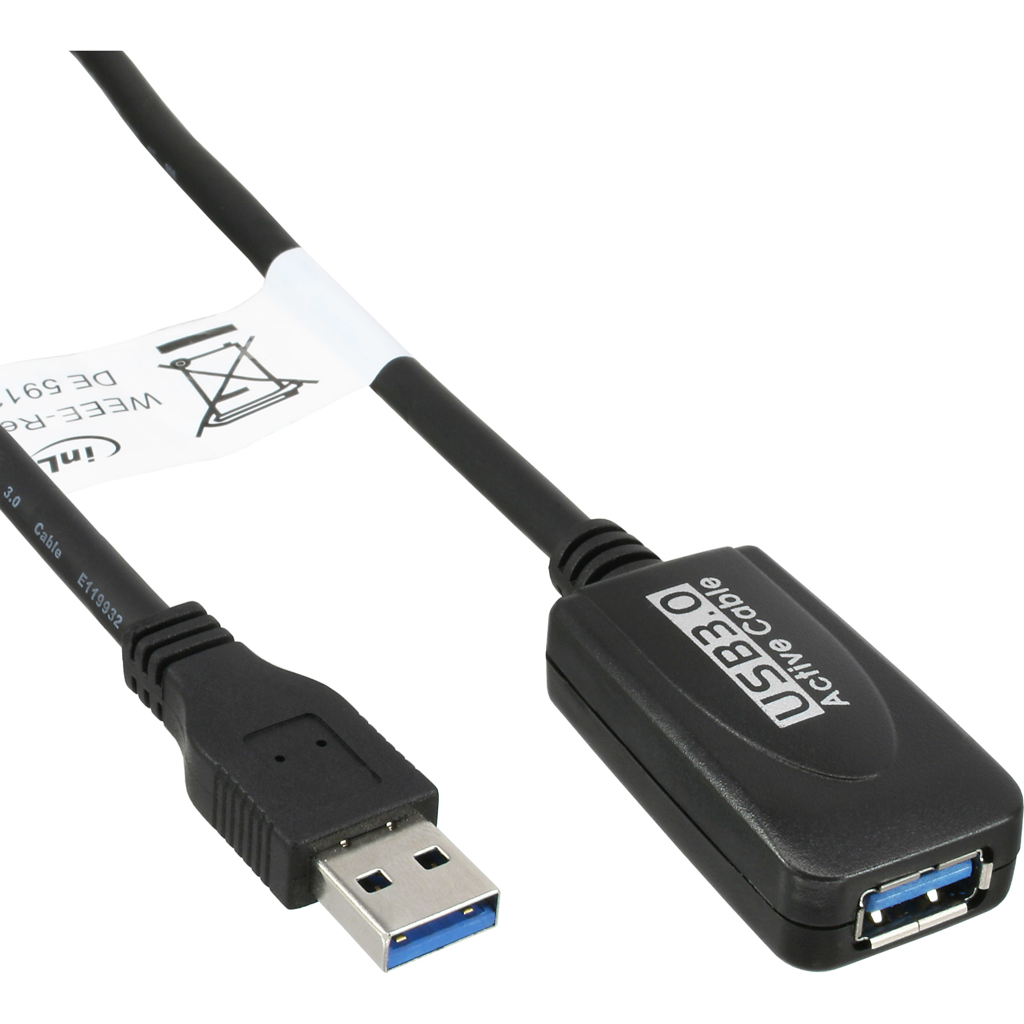 Ein schwarzes USB-Kabel mit einem USB-A-Anschluss an einem Ende und einem USB-A-Anschluss an einem Block am anderen.