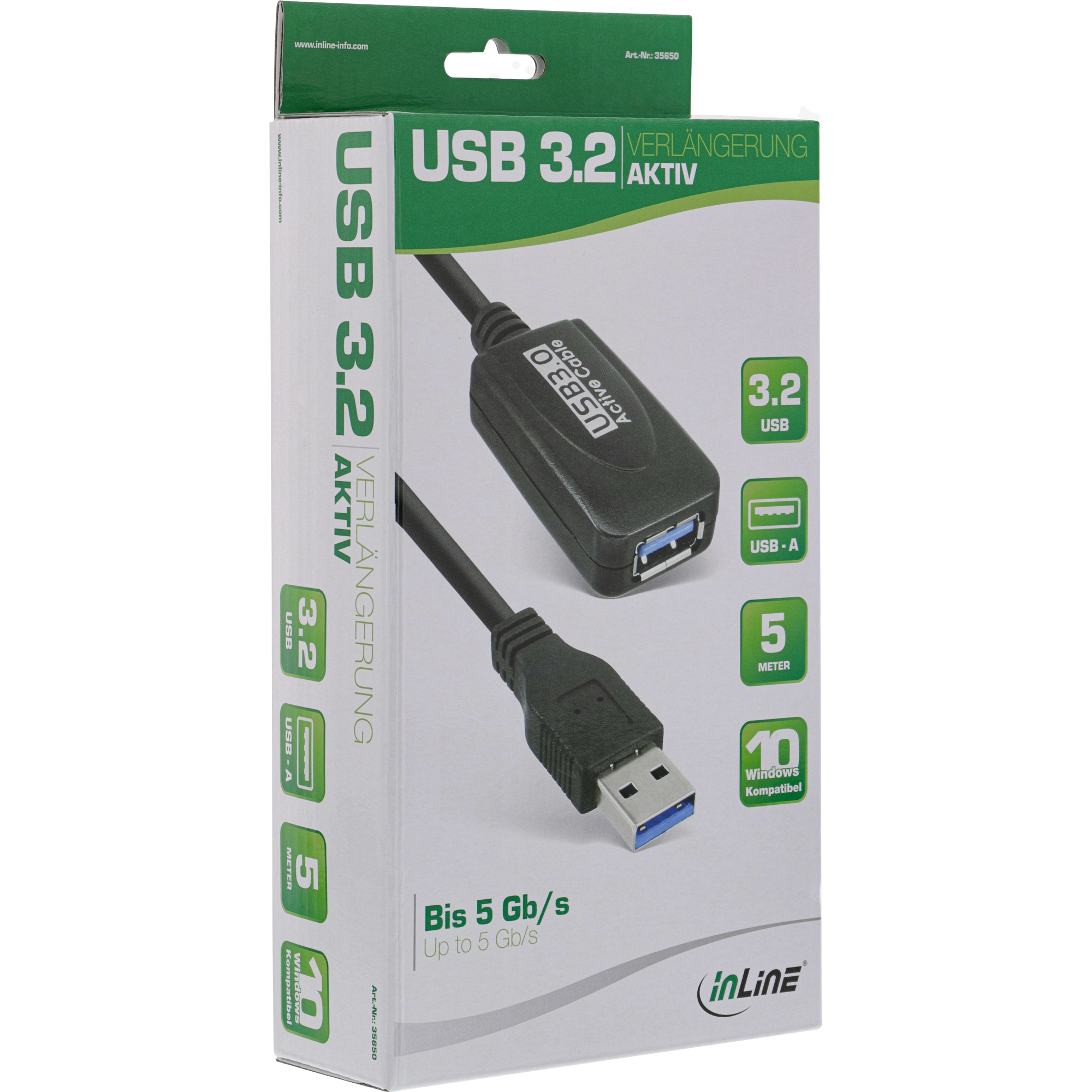 USB 3.2 Verlängerungskabel-Box mit Produktinfo und Kabelbildern.