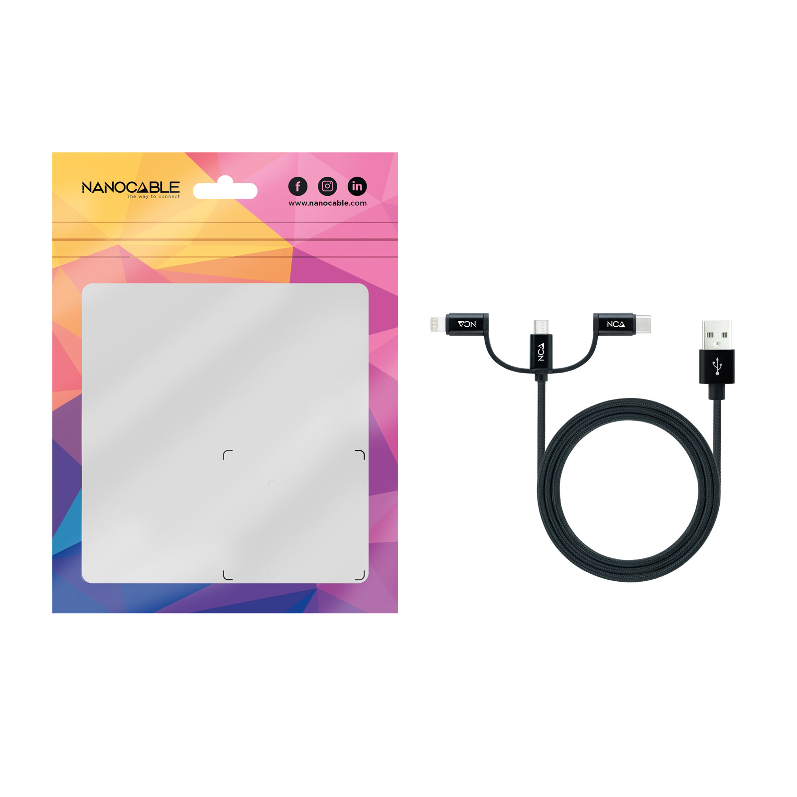 Verpakking met een USB-oplaadkabel met meerdere connectoren.