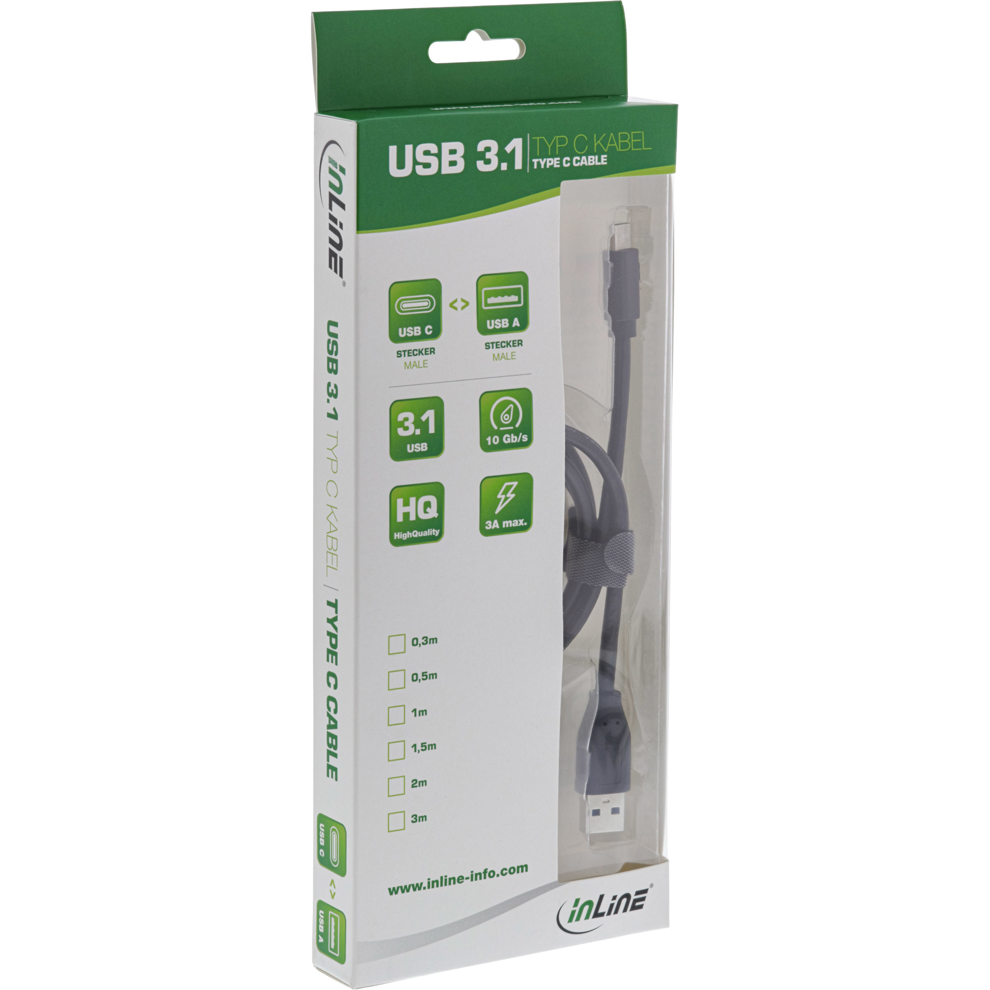Cavo USB 3.1 tipo C in scatola. Dettagli cavo, connettori USB C e USB A e informazioni.