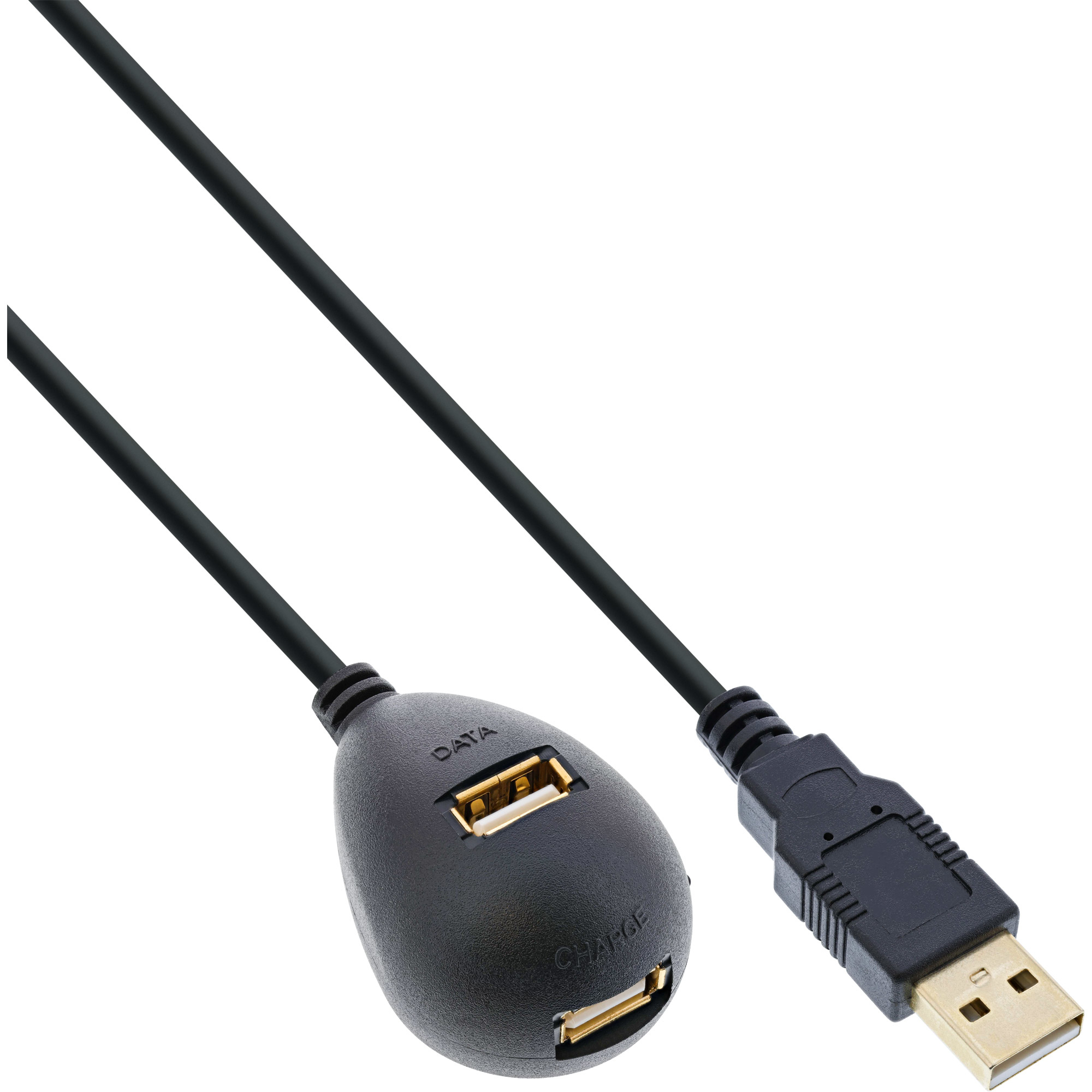 Schwarzes USB-Kabel mit zwei USB-Anschlüssen. Ein Anschluss ist mit 'DATA' beschriftet.