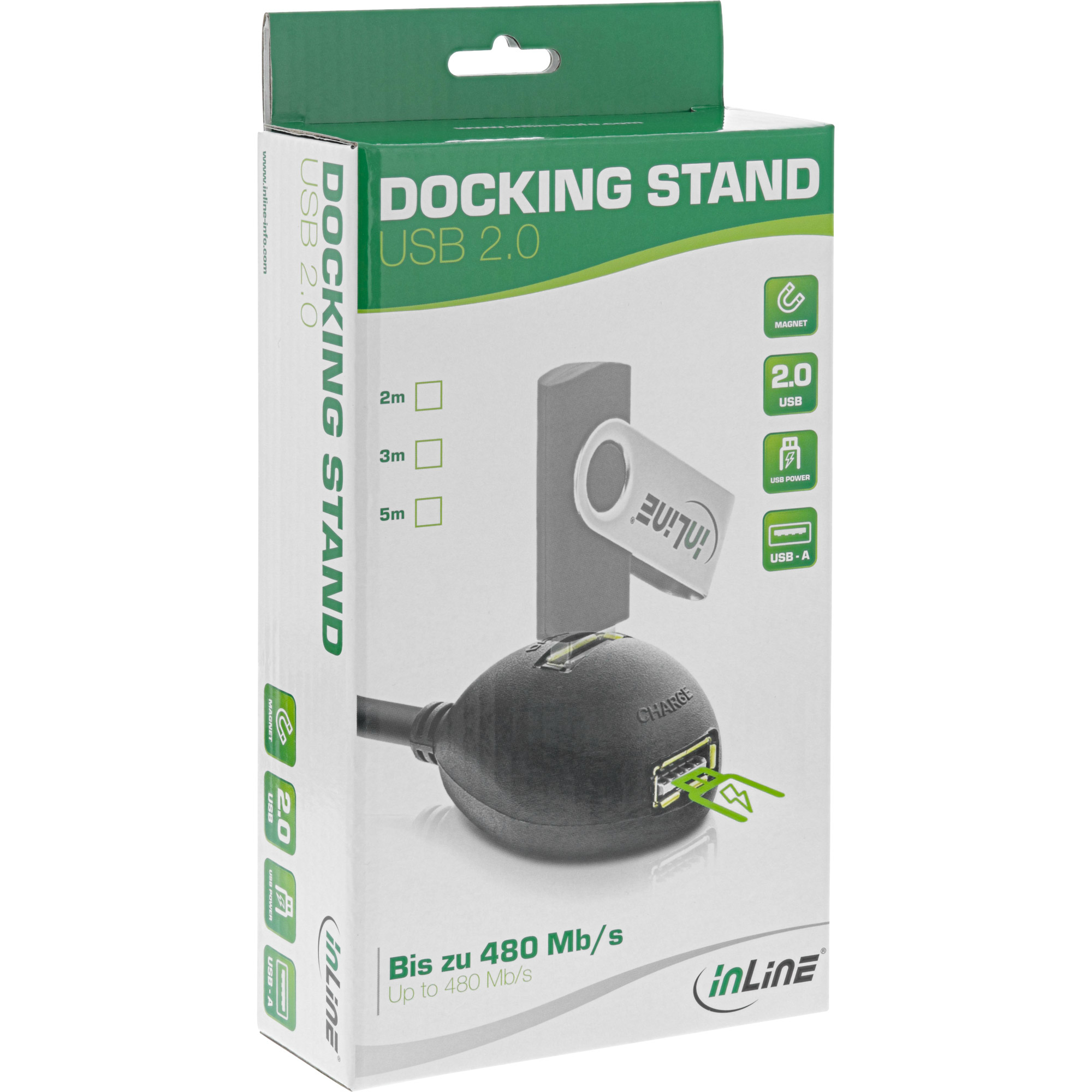 Ein Docking-Ständer für USB 2.0. Box zeigt Funktionen: USB-A, Magnet, USB-Stromversorgung.