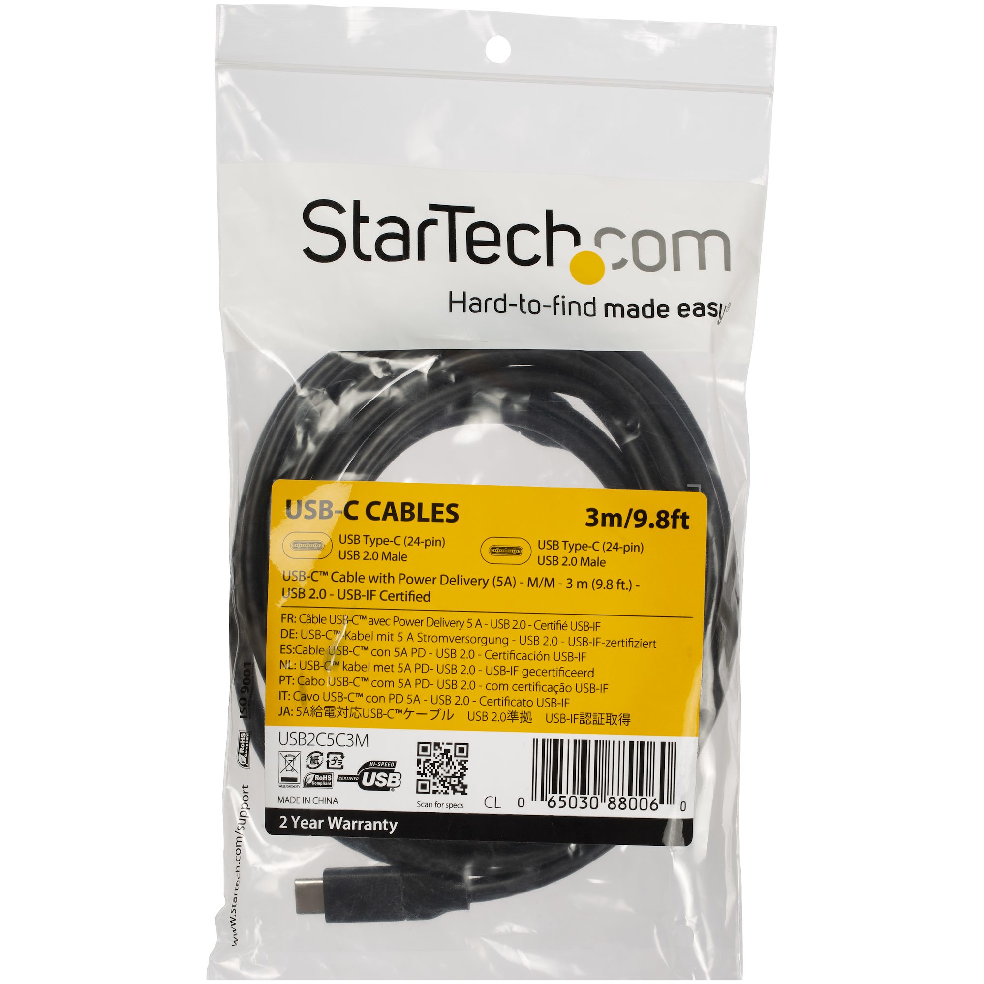 Un paquete de cables USB-C, con texto en varios idiomas, sobre un fondo blanco.