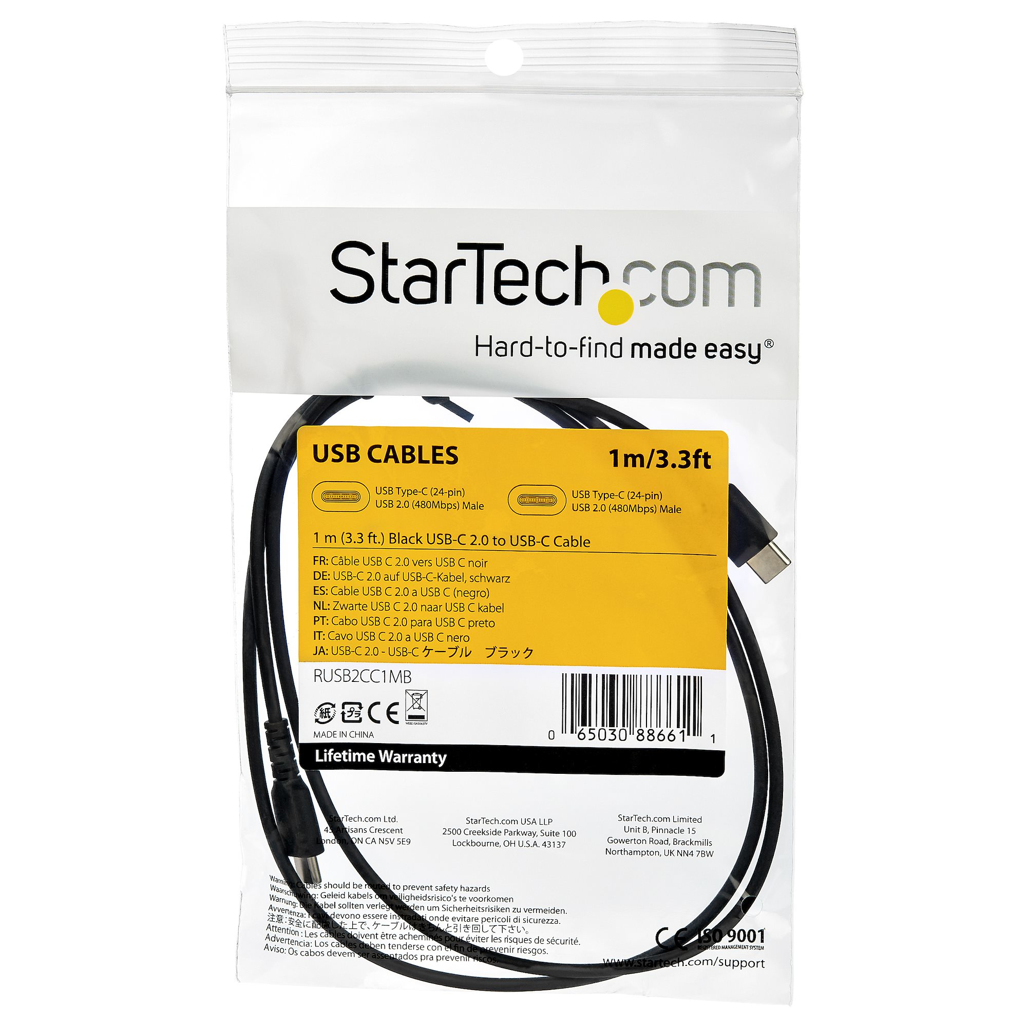 Confezione di cavo USB nero con testo in più lingue. Logo e dettagli del prodotto StarTech.com.
