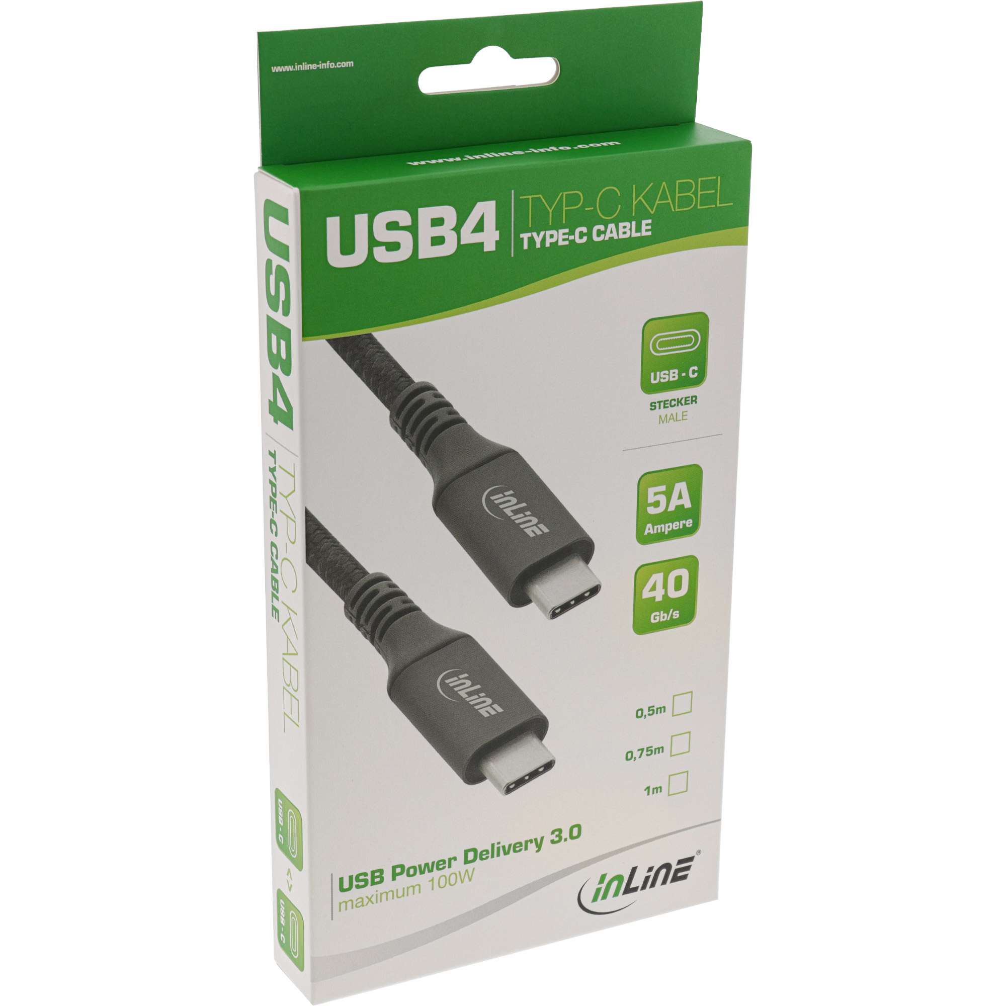 Une boîte pour un câble USB-C est montrée. Il contient le câble, des informations sur le câble et le logo USB.
