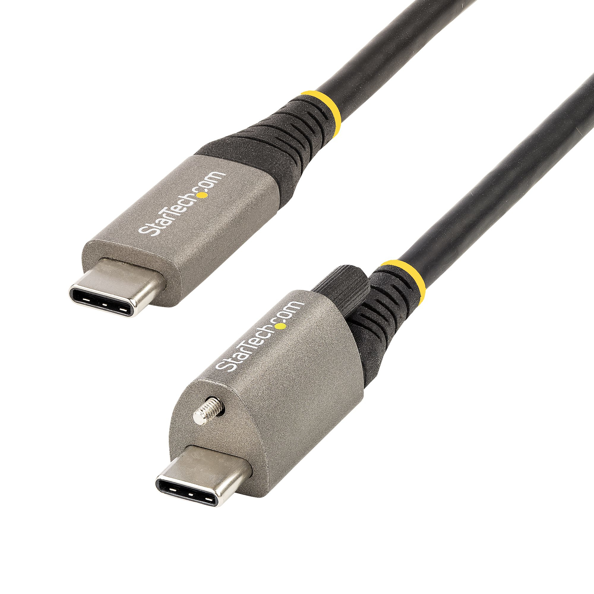 Cable USB-C negro con marca StarTech.com. Dos conectores visibles.
