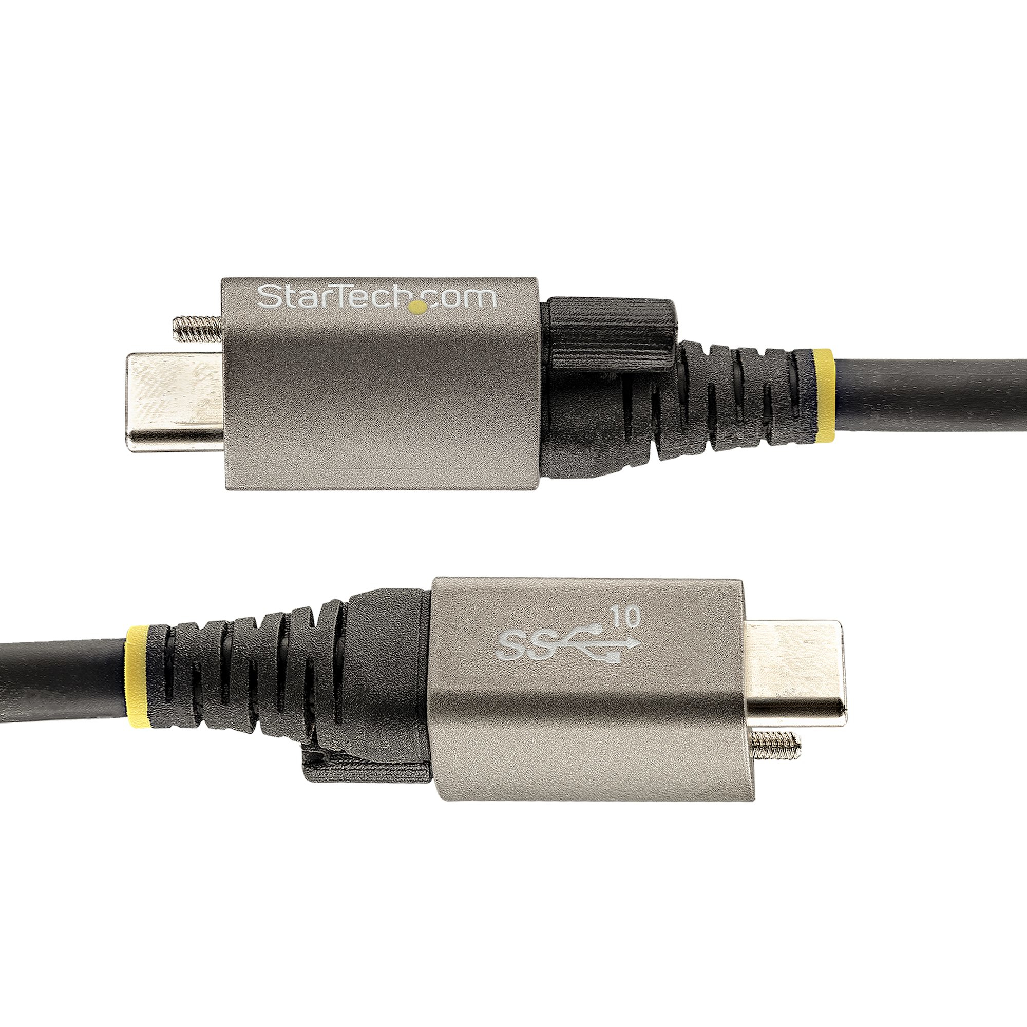 Un cable USB-C negro con conectores plateados y una franja amarilla.