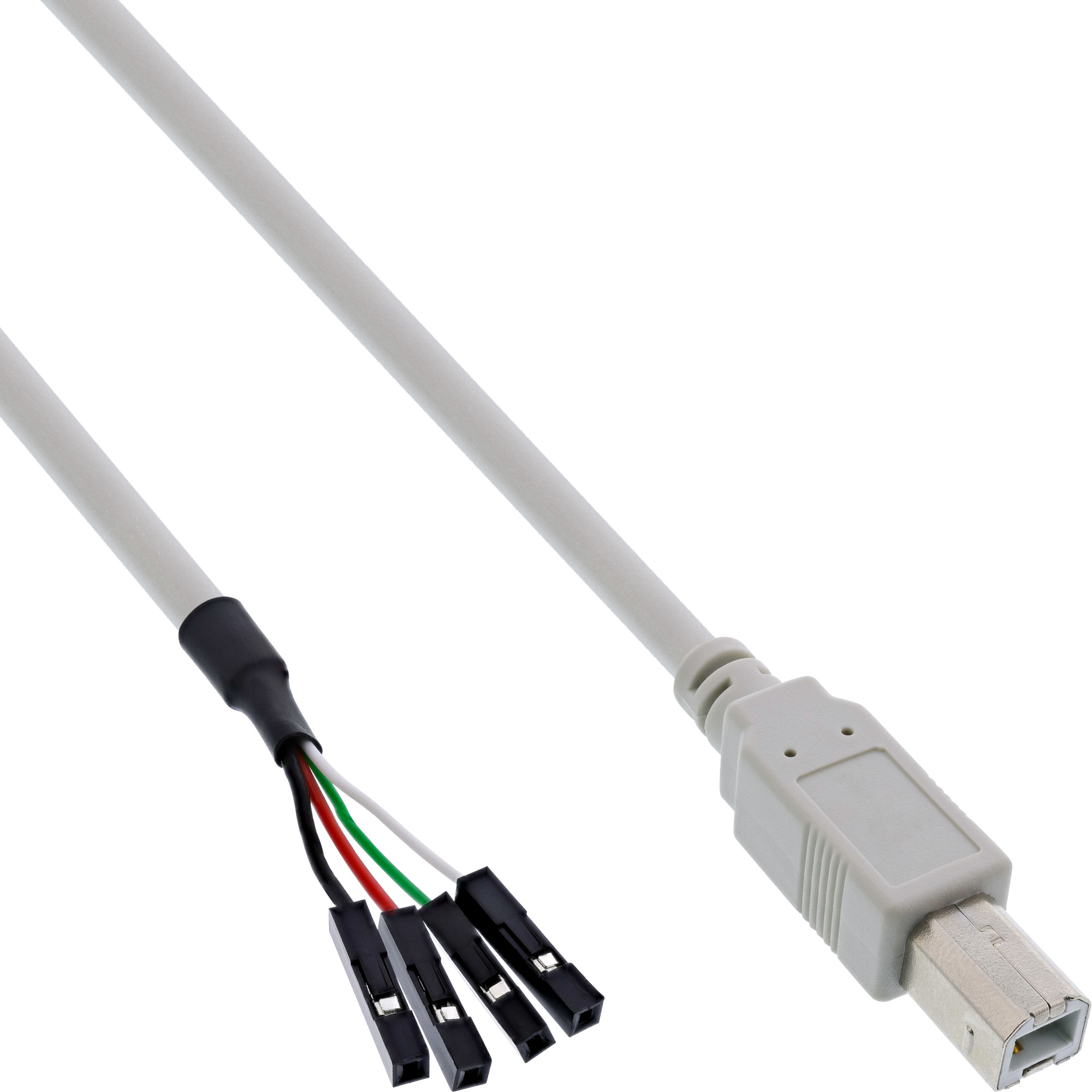 Cavo USB con connettori. Un'estremità ha un connettore USB, l'altra diversi fili.