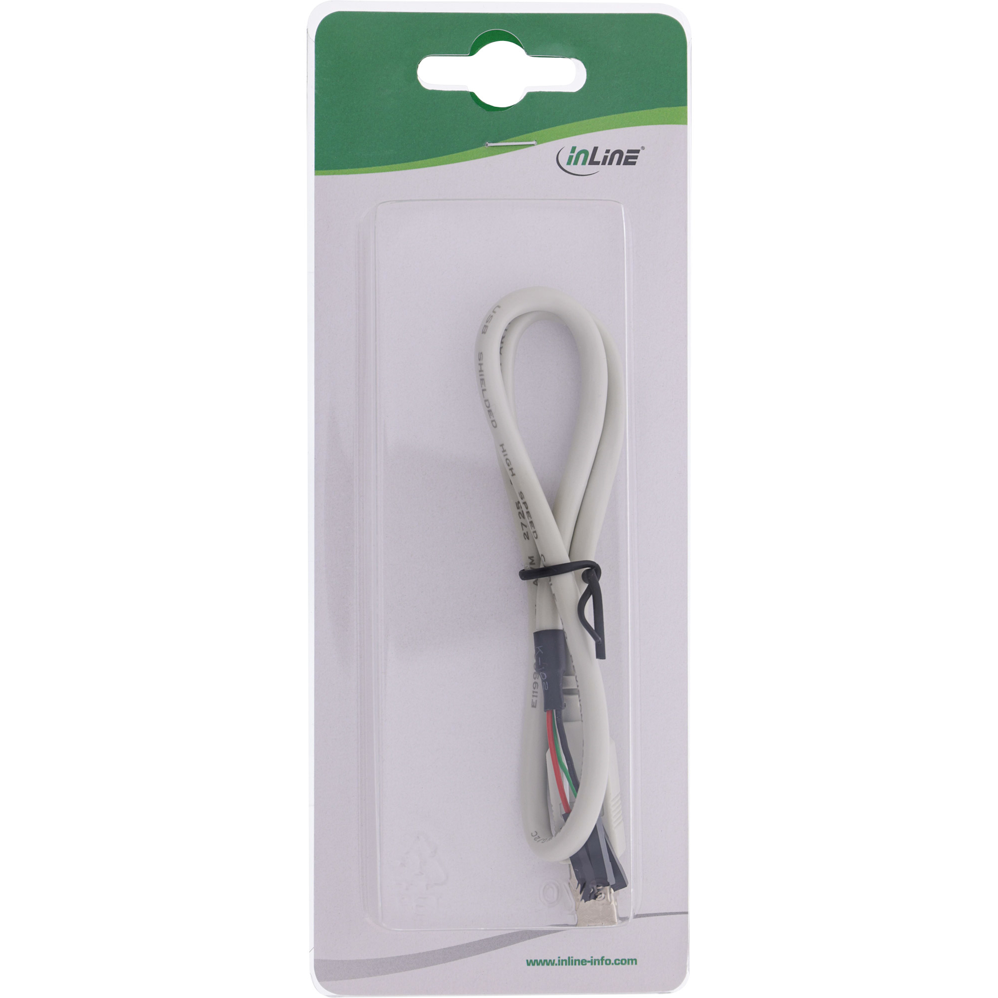 Cavo USB bianco in confezione di plastica trasparente con fascetta nera.
