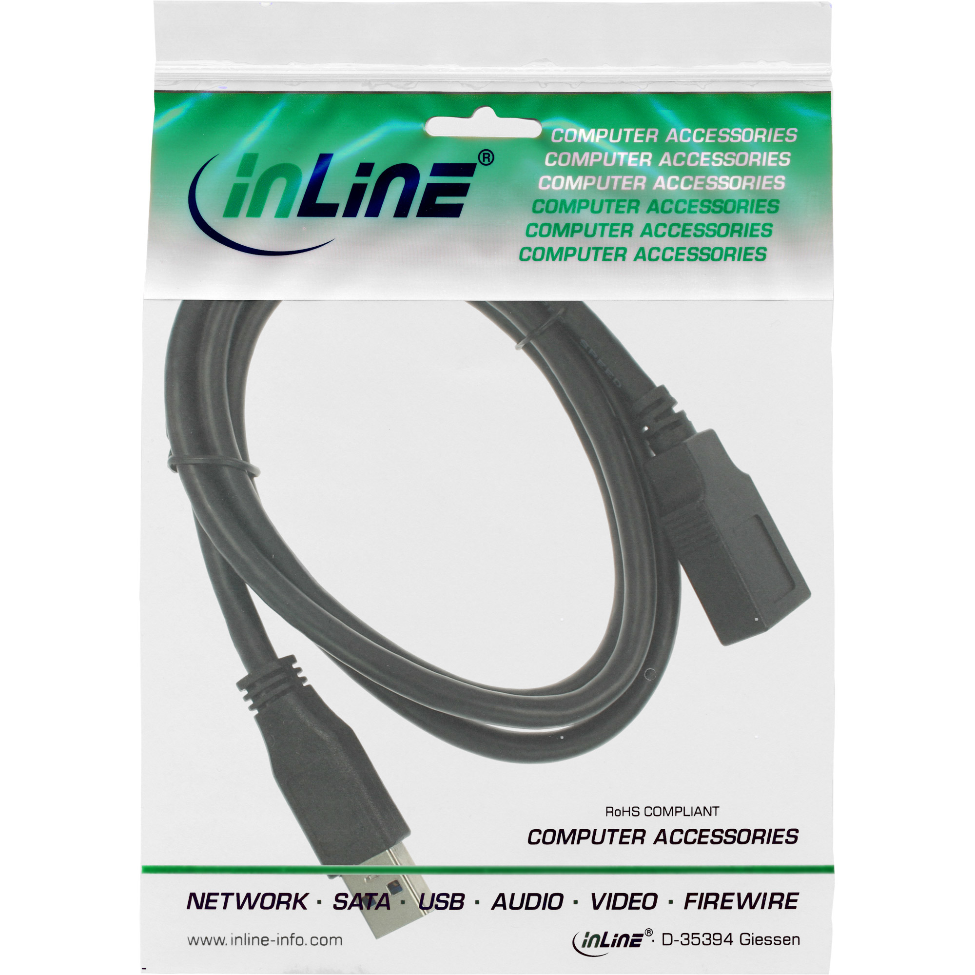 Câble USB noir dans un emballage plastique. Texte : Accessoires informatiques.
