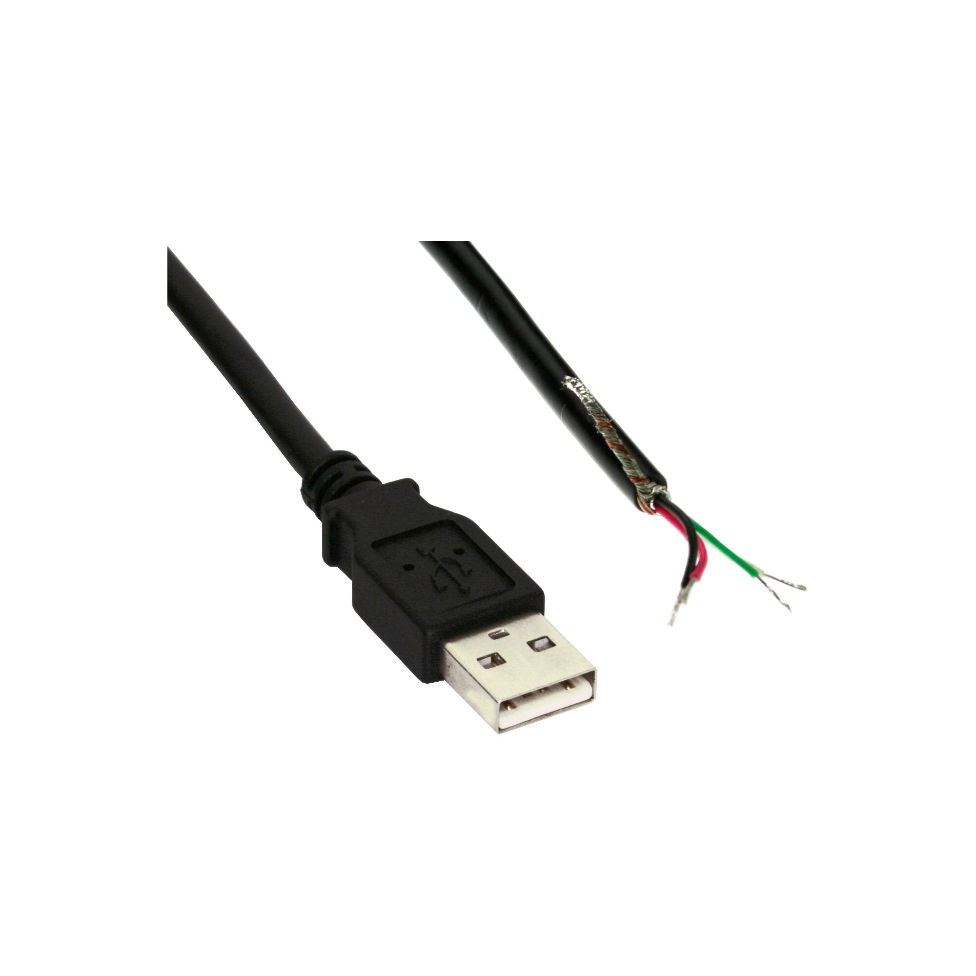 Un cavo USB nero con fili scoperti. I fili sono rossi, verdi e neri. Il connettore USB è a sinistra.