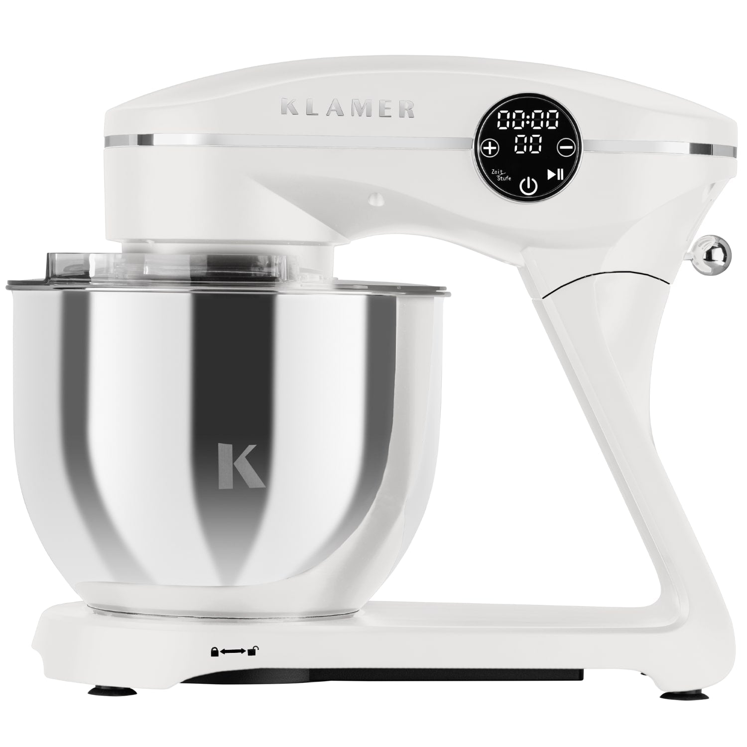 Ein weißer Küchenmixer mit einer Edelstahlschüssel und einem Digitaldisplay.